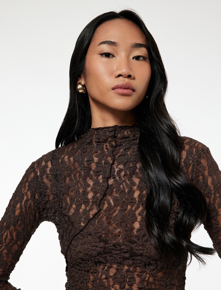  Yarı Transparan Uzun Kollu Dik Yaka Dantel Body