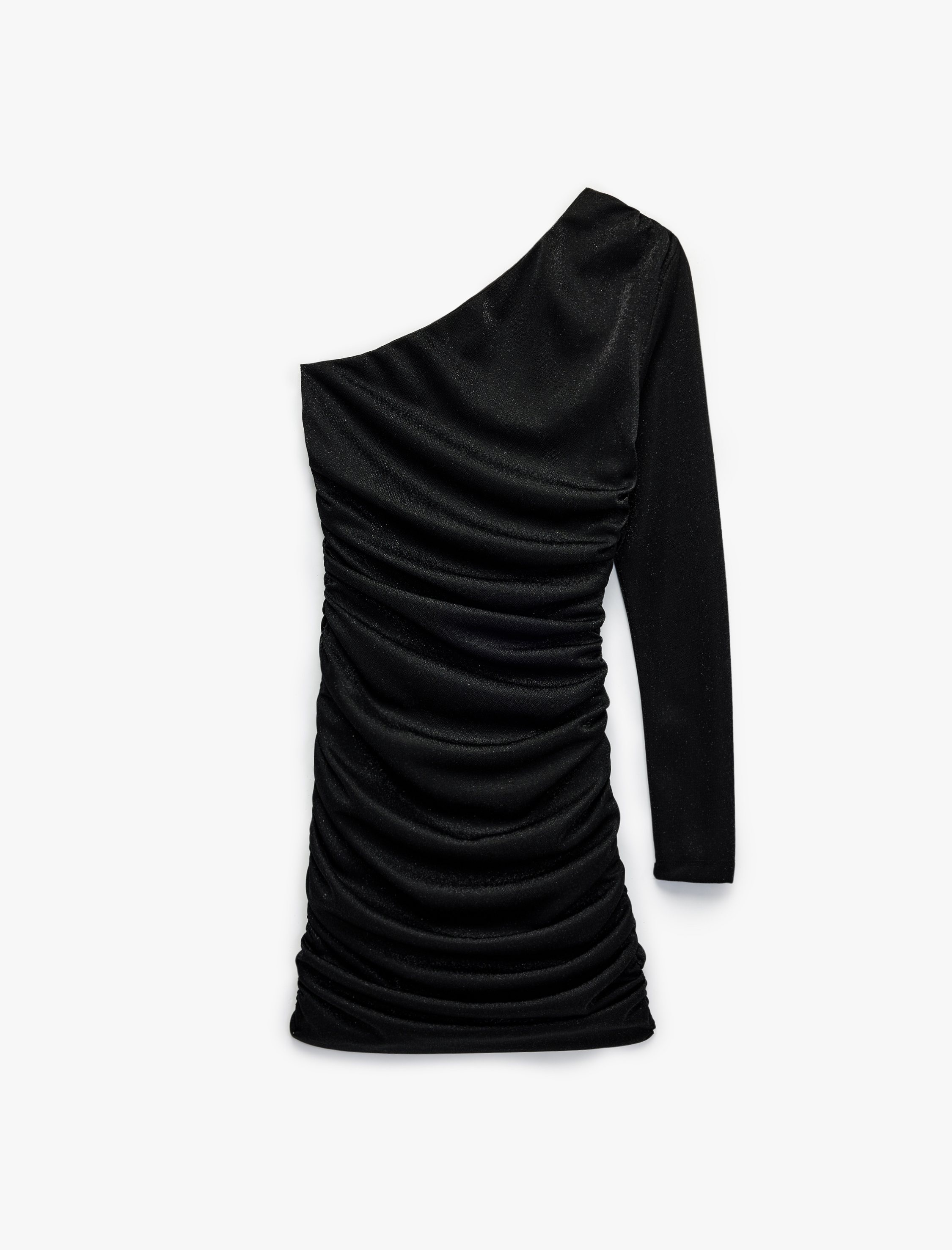   Simli Tek Omuz Uzun Kollu Drapeli Mini Abiye Elbise