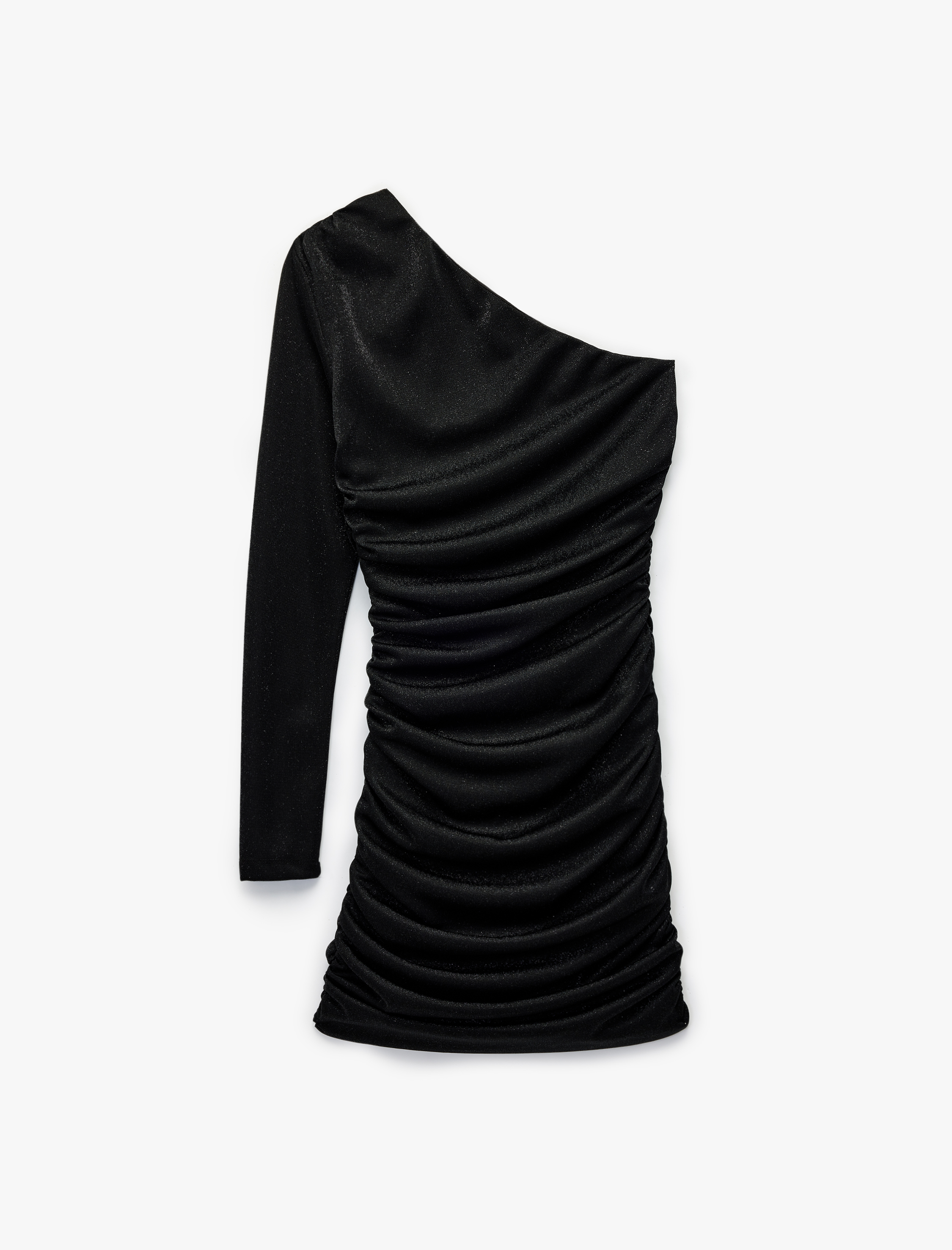   Simli Tek Omuz Uzun Kollu Drapeli Mini Abiye Elbise