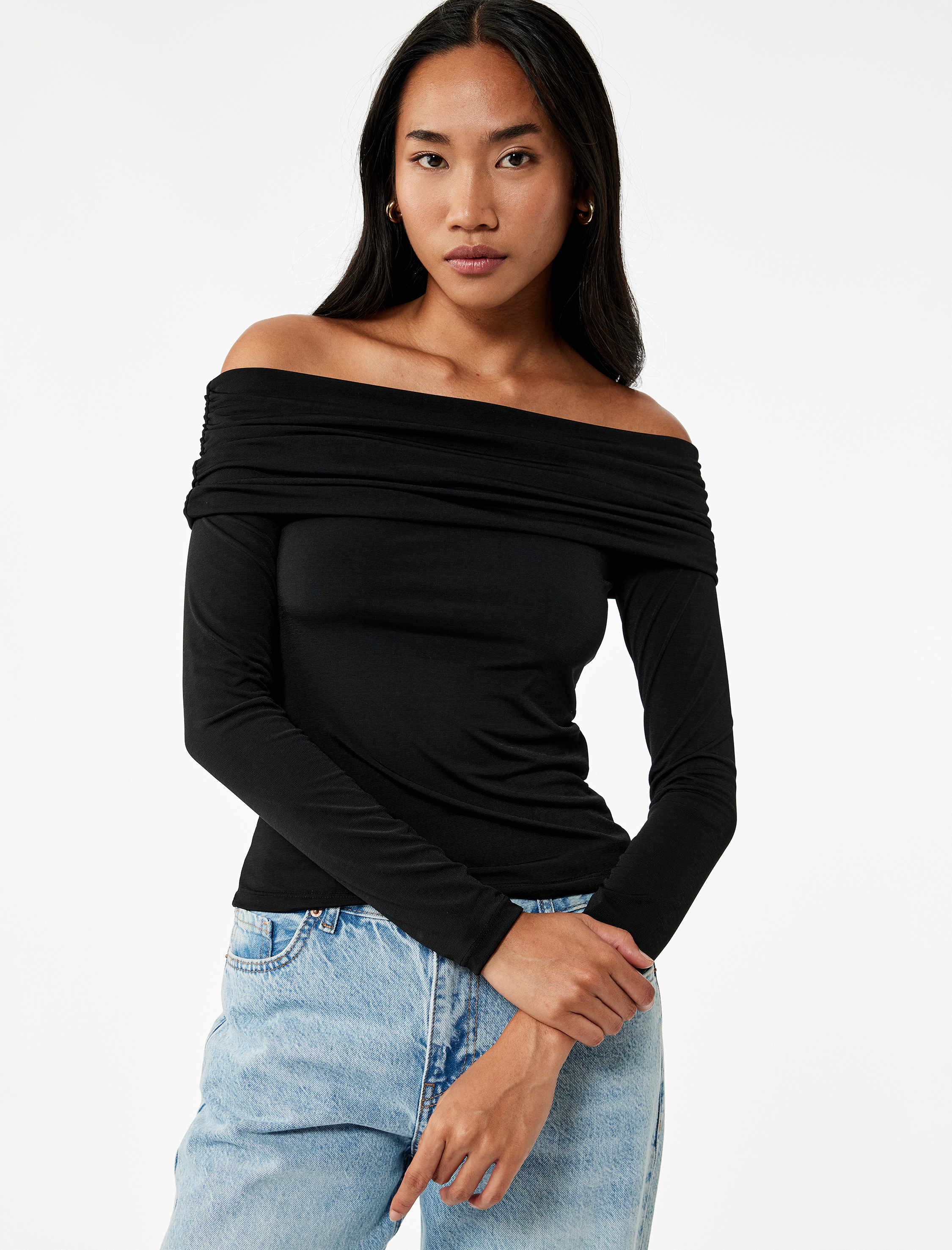   Slim Fit Uzun Kollu Drapeli Omzu Açık Tişört