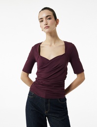 Slim Fit Kısa Kollu Düşük Omuz Kruvaze Bluz