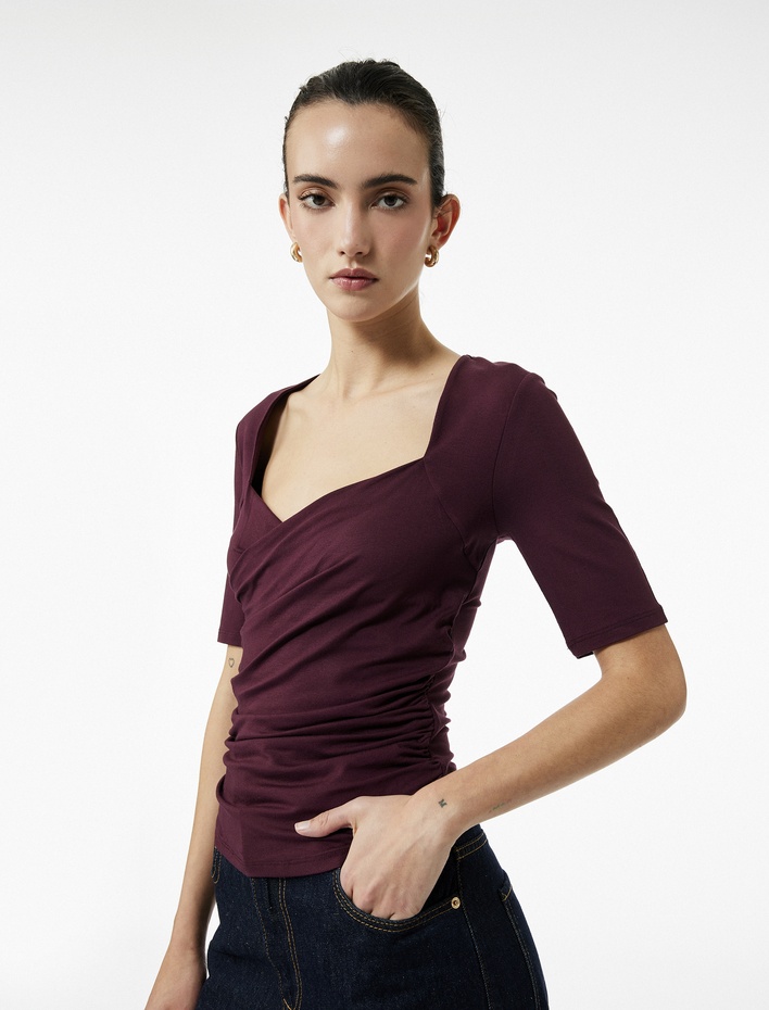  Slim Fit Kısa Kollu Düşük Omuz Kruvaze Bluz