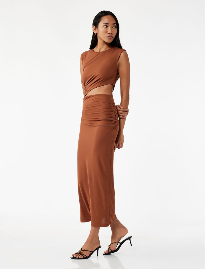  Kolsuz Drapeli Pencere Detaylı Bisiklet Yaka Uzun Bodycon Elbise