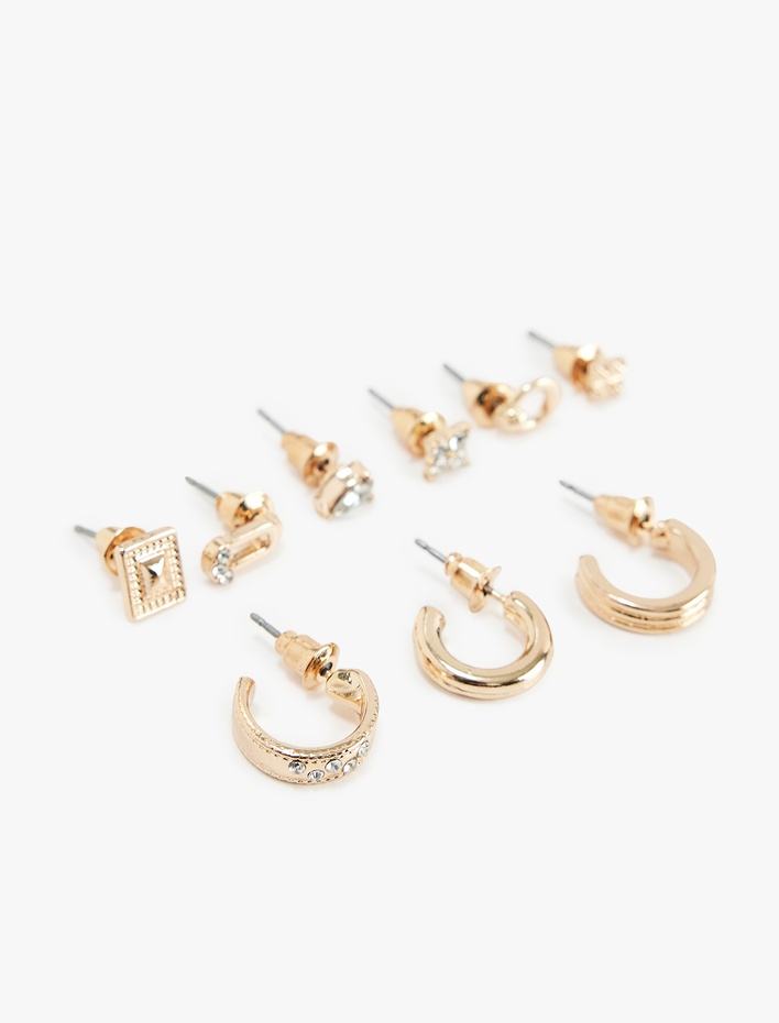 Kadın Taş Detaylı 9'lu Top ve Halka Küpe Seti