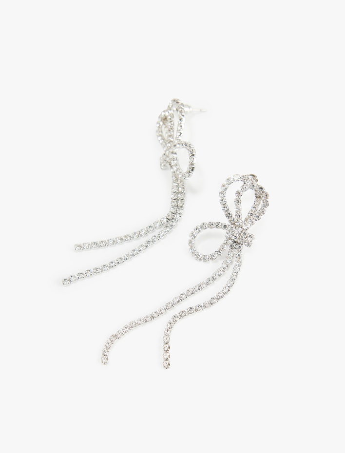 Kadın Büyük Boy Taşlı Sallantılı Fiyonklu Küpe