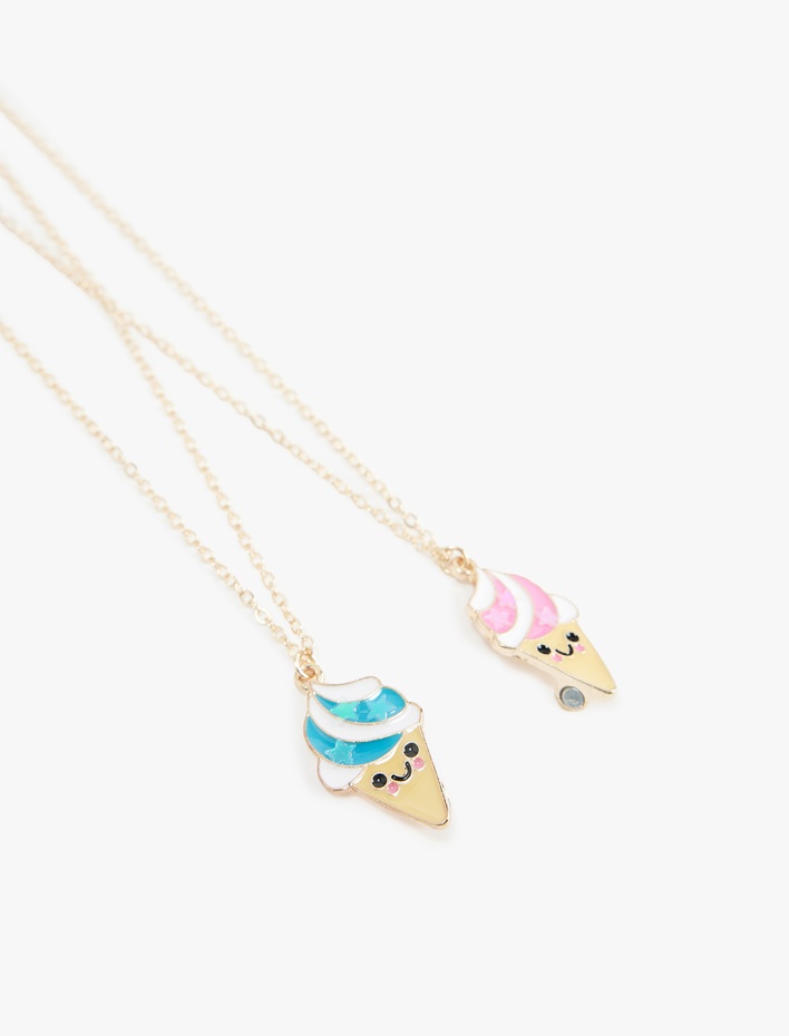 Kadın Dondurma Charm Detaylı 2'li Zincirli Arkadaşlık Kolyesi