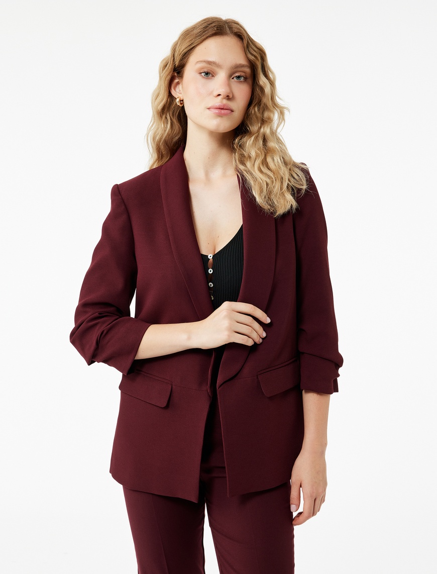   Krep Kumaş Regular Fit Şal Yaka 3/4 Kollu Blazer Ceket