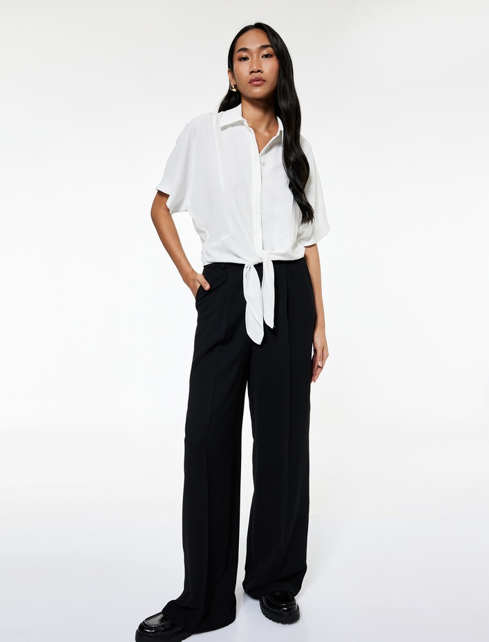  Aerobin Kumaş Kısa Kollu Önden Bağlama Detaylı Crop Gömlek