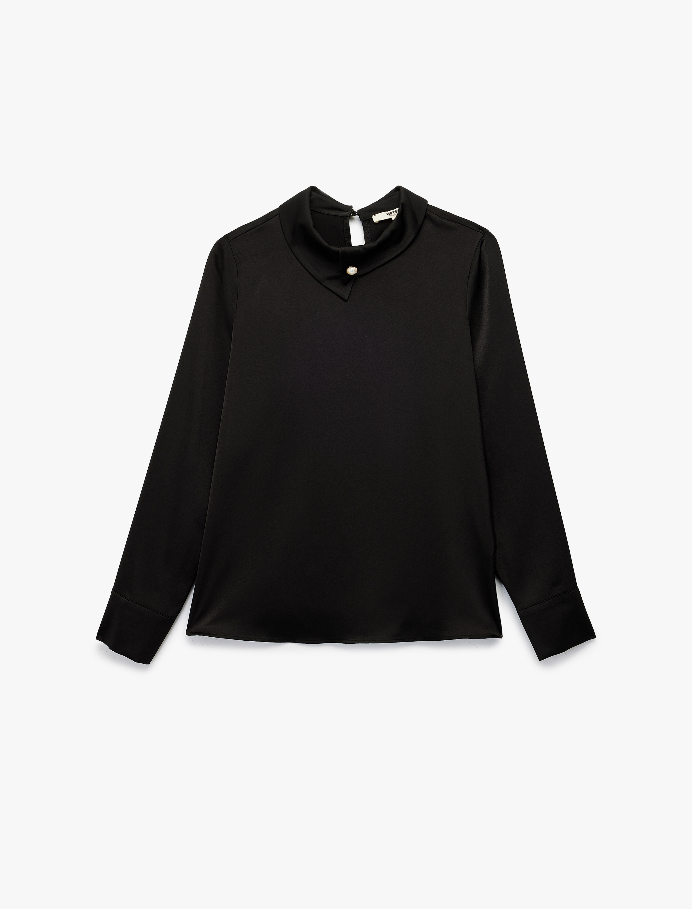   Asimetrik Yaka İnci Düğme Detaylı Uzun Kollu Saten Bluz