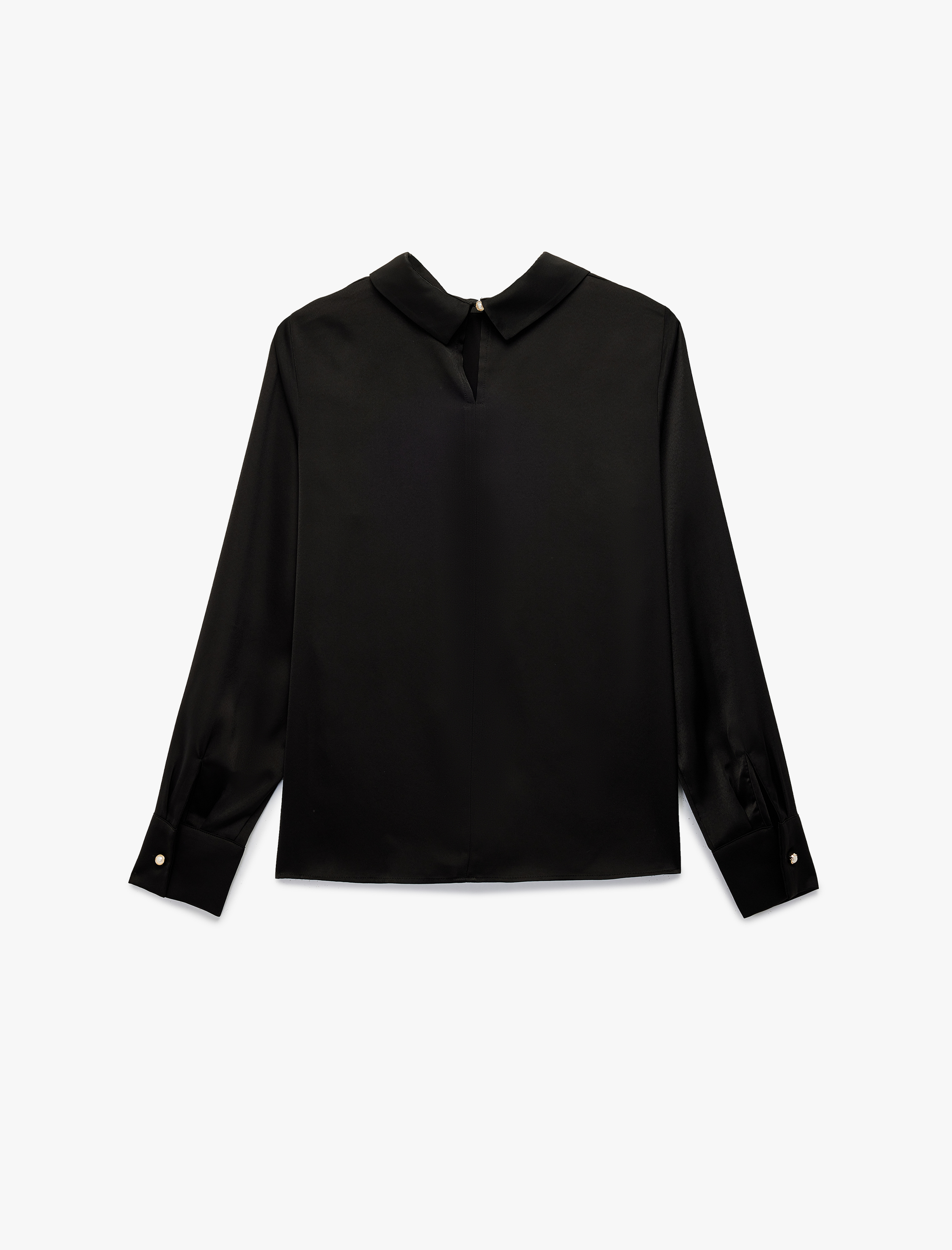   Asimetrik Yaka İnci Düğme Detaylı Uzun Kollu Saten Bluz