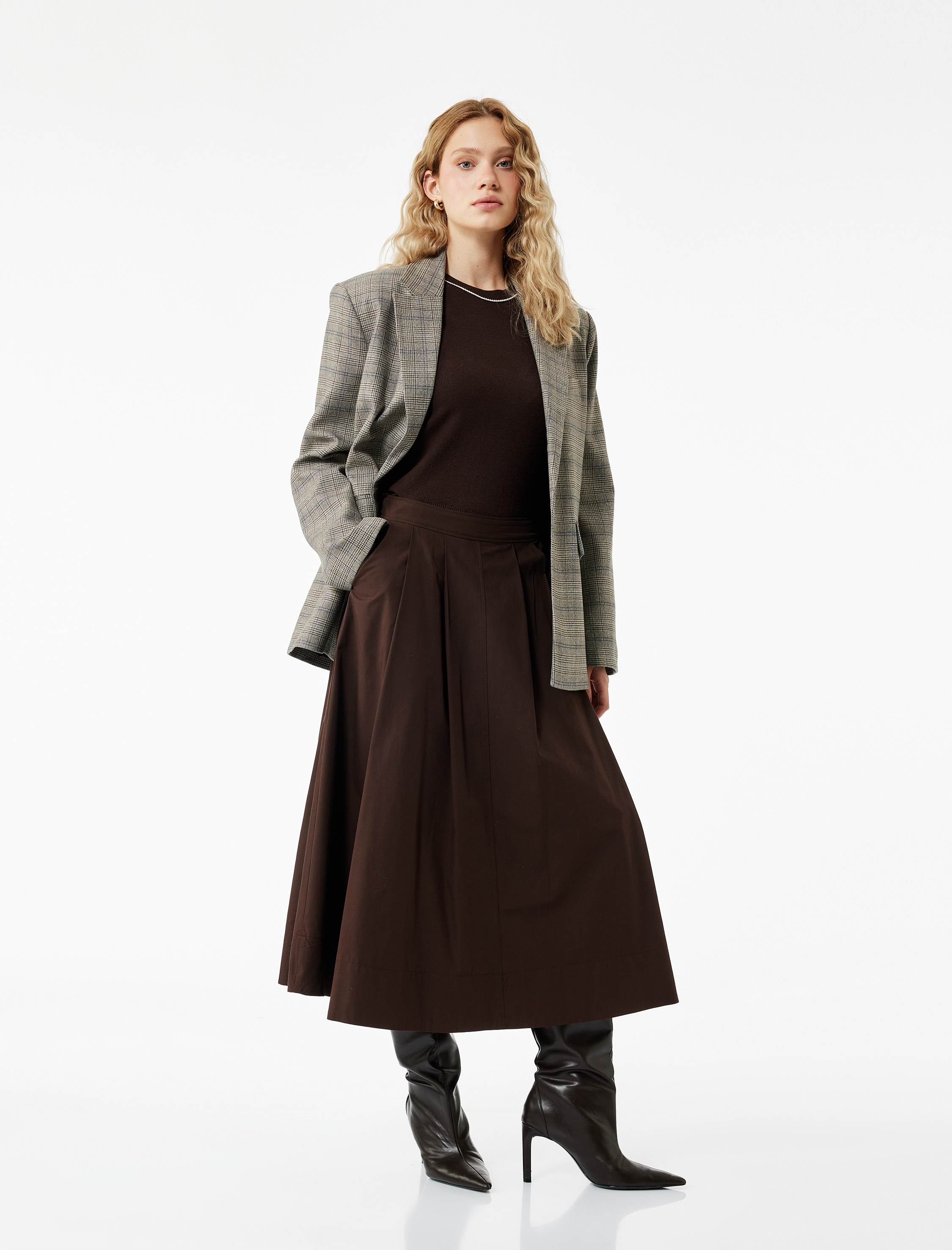   Pamuklu Cepli Pile Detaylı Midi Poplin Kloş Etek