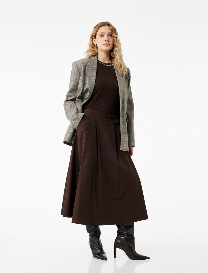  Pamuklu Cepli Pile Detaylı Midi Poplin Kloş Etek