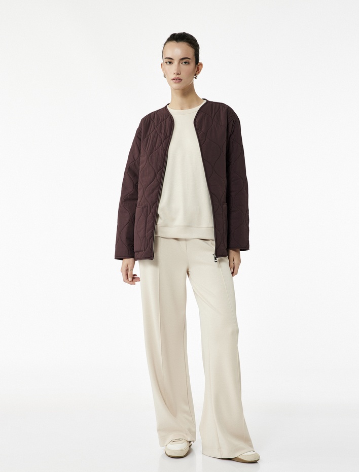  Uzun Kollu Cepli Bisiklet Yaka Fermuarlı Oversize Kapitone Ceket