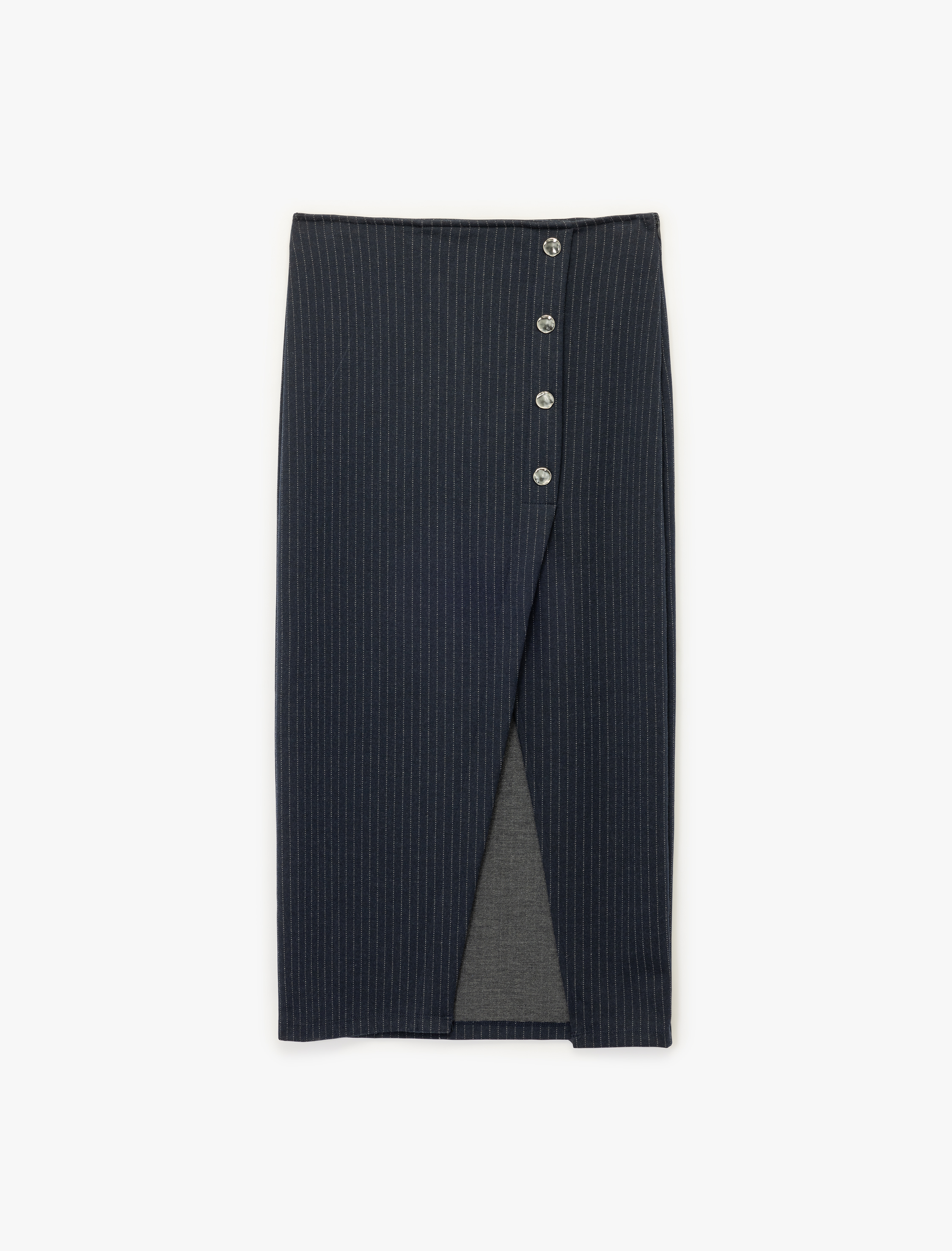   Metal Düğmeli Slim Fit Asimetrik Yırtmaçlı Çizgili Midi Etek