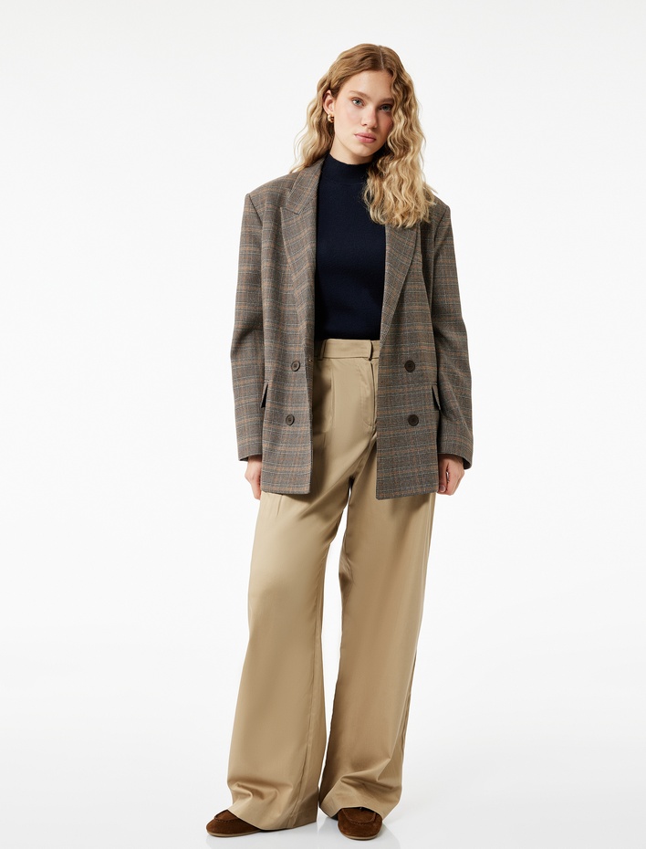  Pamuklu Cepli Pile Detaylı Yüksek Bel Kumaş Baggy Pantolon