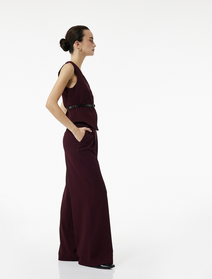  Pile Detaylı Cepli Yüksek Bel Geniş Paça Palazzo Pantolon