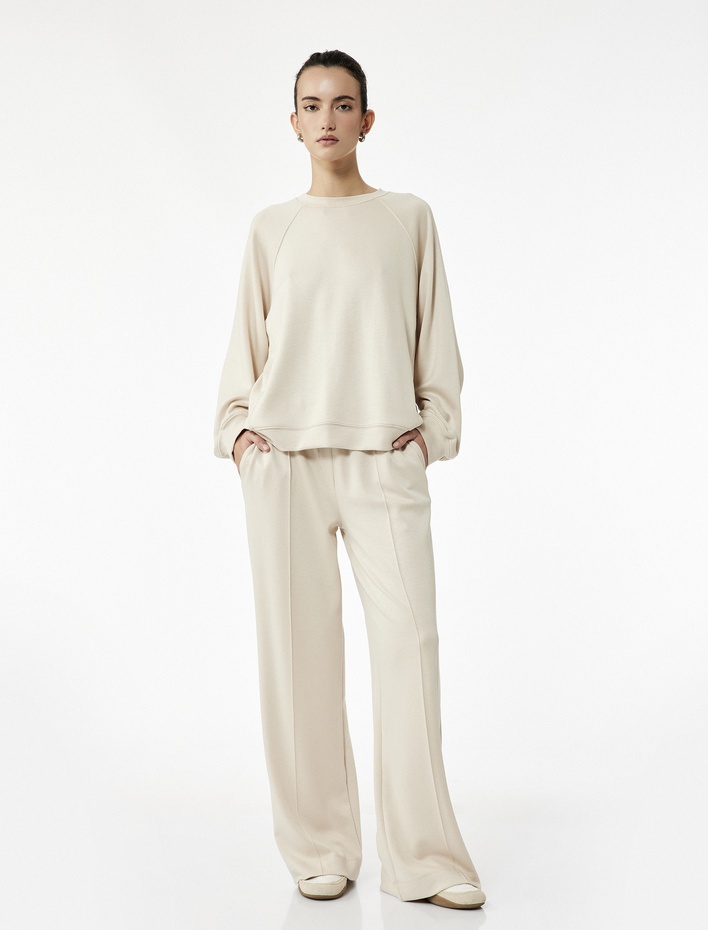  Nervürlü Scuba Kumaş Uzun Düz Bol Paça Eşofman Altı