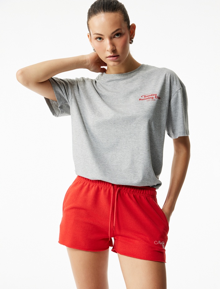  Oversize Kısa Kollu Bisiklet Yaka Baskılı Spor Tişört