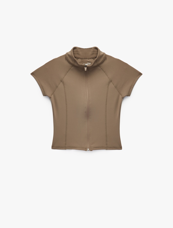  Dik Yaka Fermuarlı Slim Fit Spor Tişört