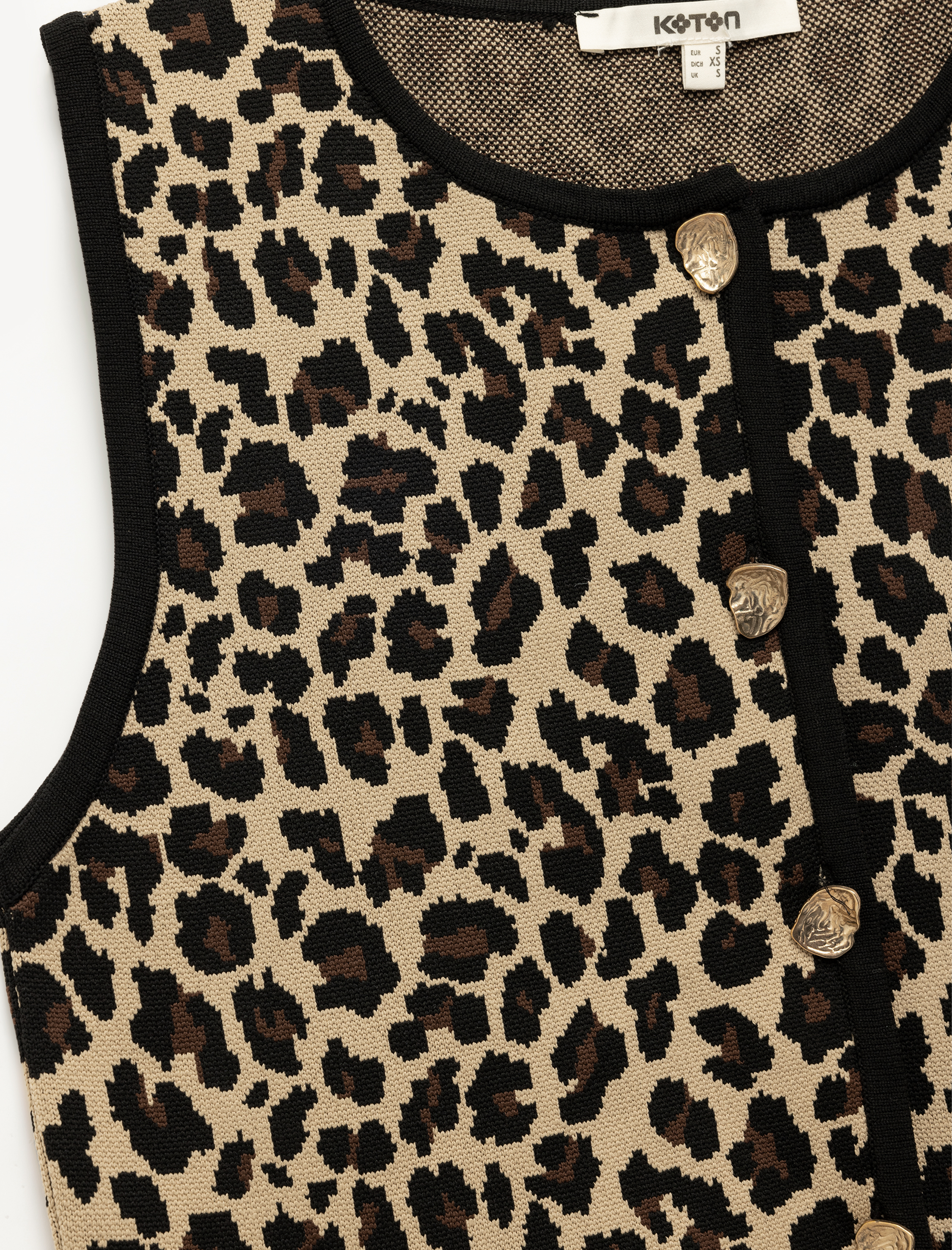   Gold Düğme Detaylı Leopar Desenli Triko Yelek