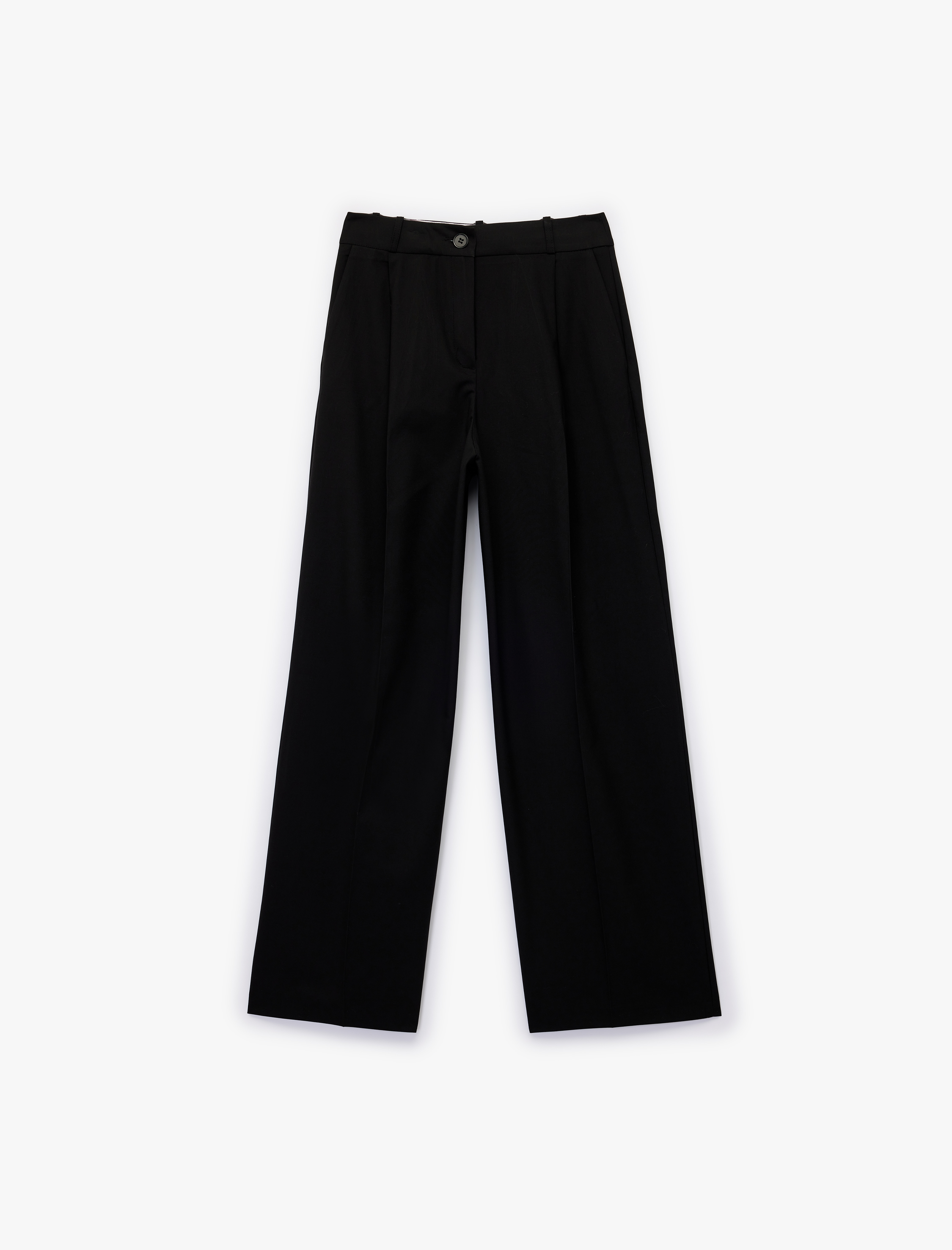   Yüksek Bel Cepli Düğmeli Viskon Karışımlı Geniş Paça Pileli Kumaş Pantolon