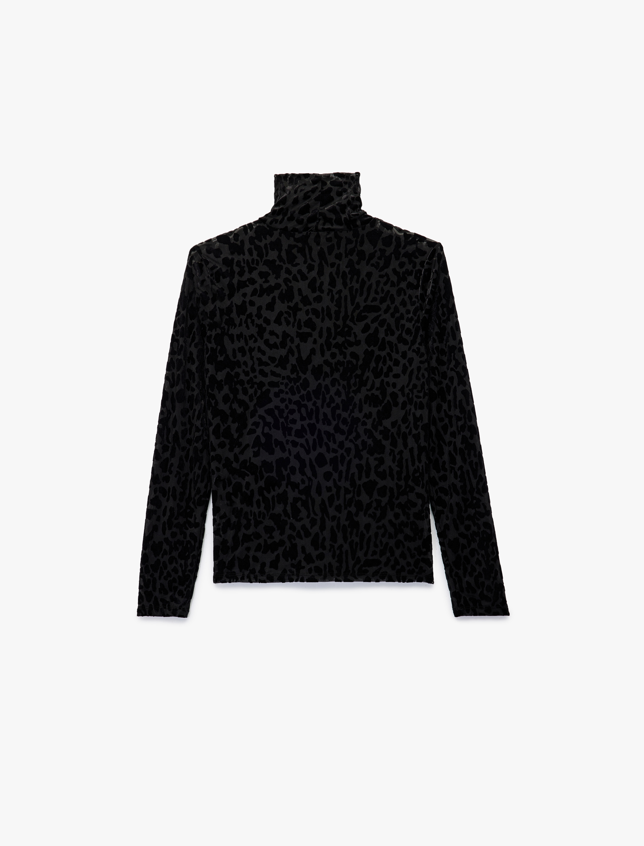   Uzun Kollu Balıkçı Yaka Leopar Desenli Kadife Tişört