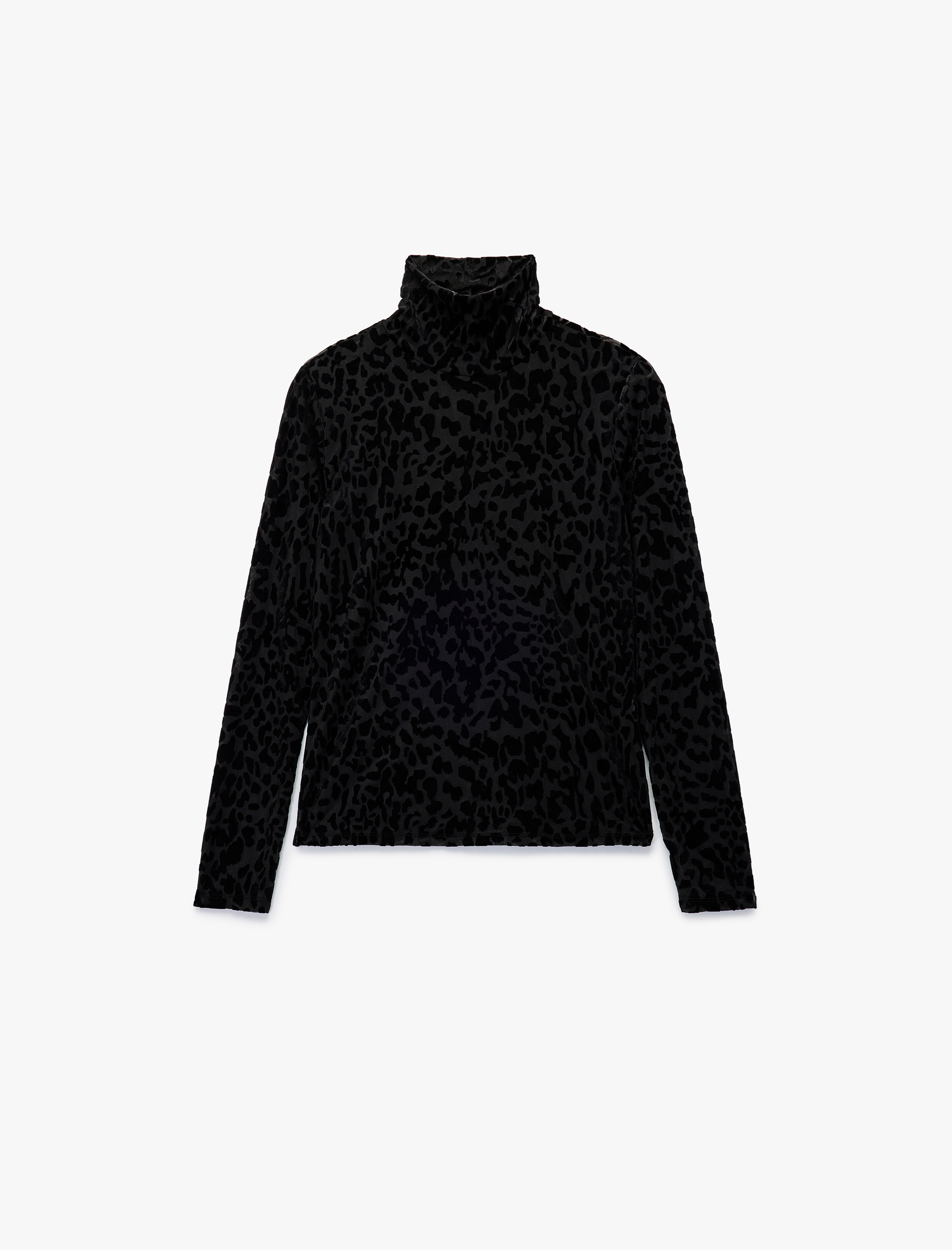   Uzun Kollu Balıkçı Yaka Leopar Desenli Kadife Tişört