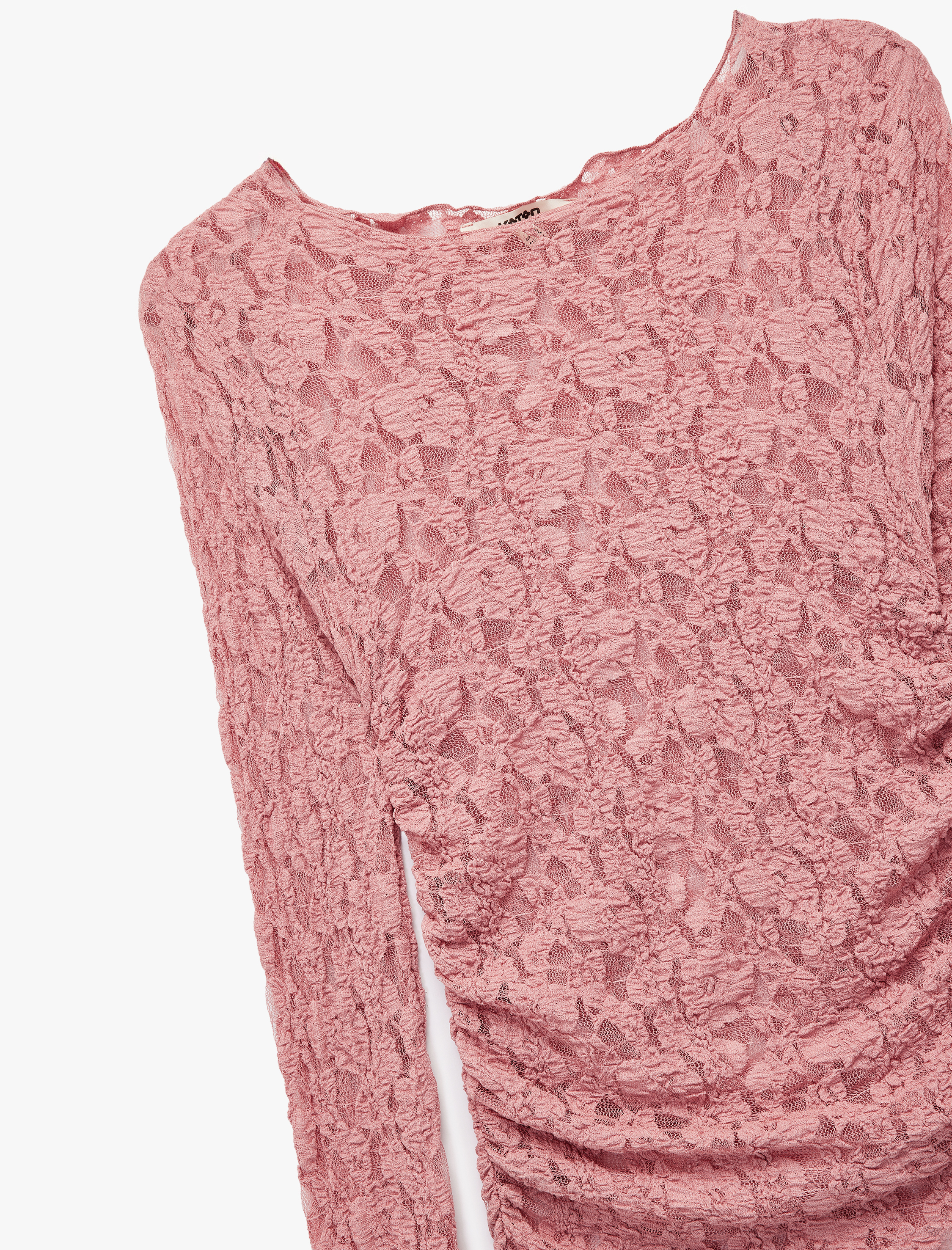   Yarı Transparan Uzun Kollu Kayık Yaka Dantel Bluz