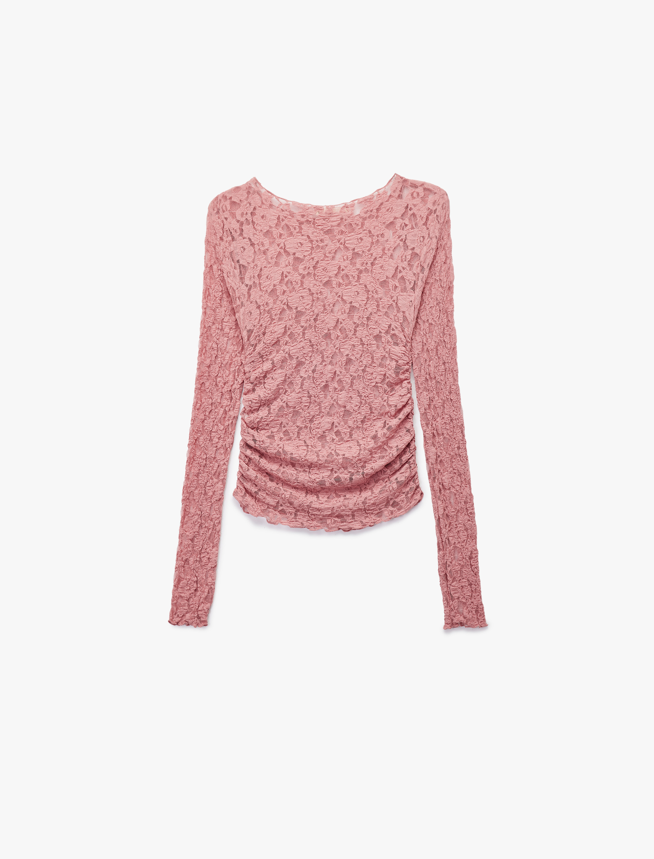   Yarı Transparan Uzun Kollu Kayık Yaka Dantel Bluz