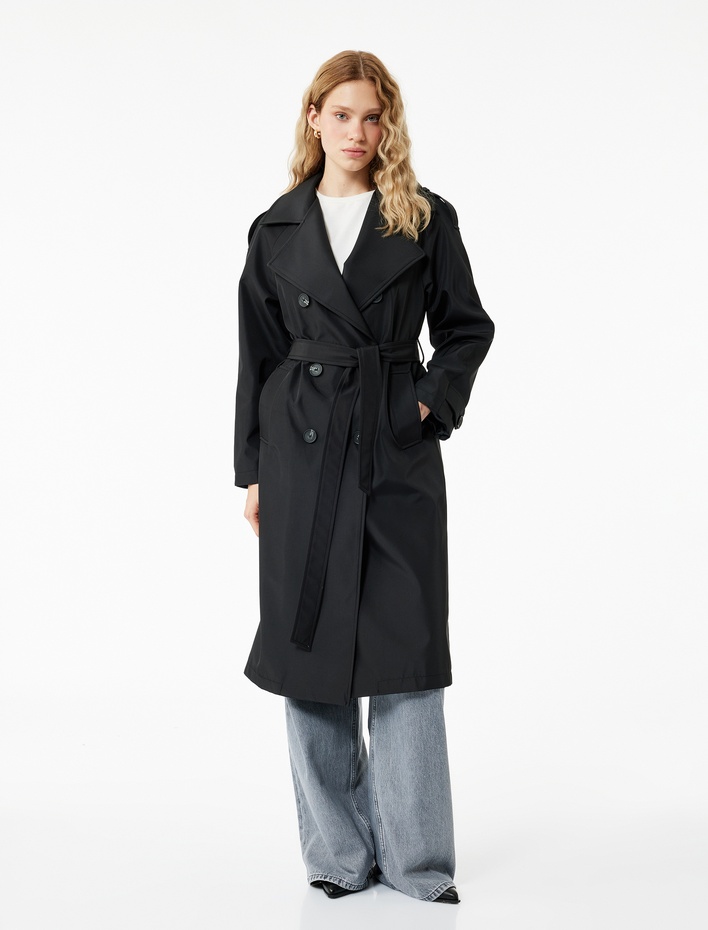  Uzun Kollu Kemerli Cepli Kruvaze Gabardin Trençkot