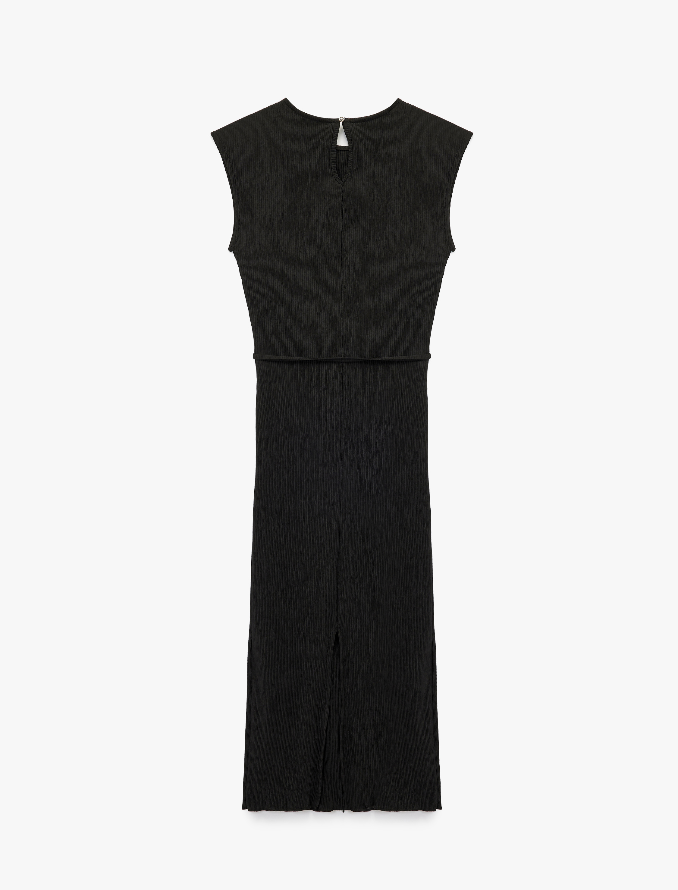   Bisiklet Yaka Bağlama Detaylı Kolsuz Midi Boy Piliseli Kalem Elbise