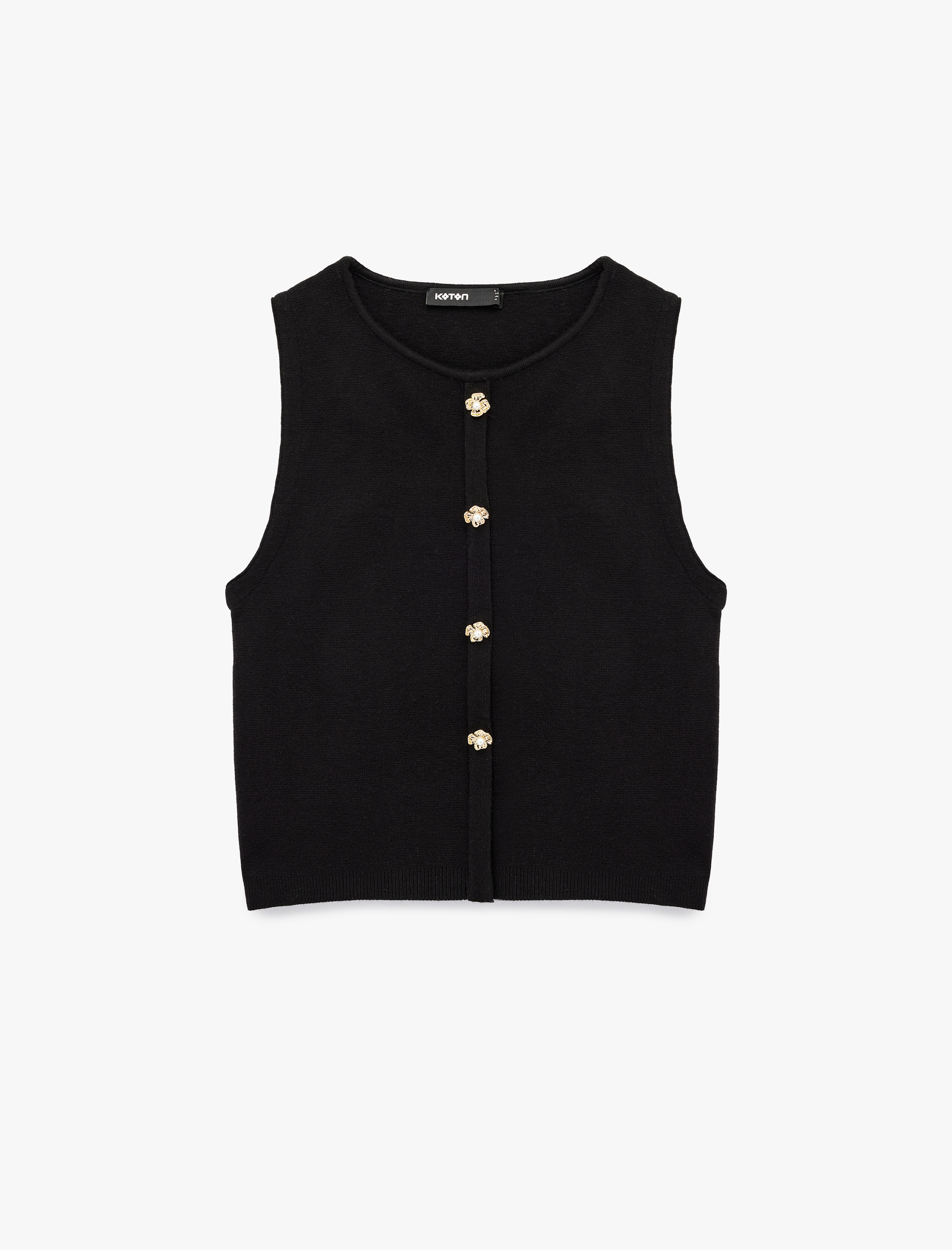 Çiçek Düğme Detaylı Bisiklet Yaka Triko Yelek