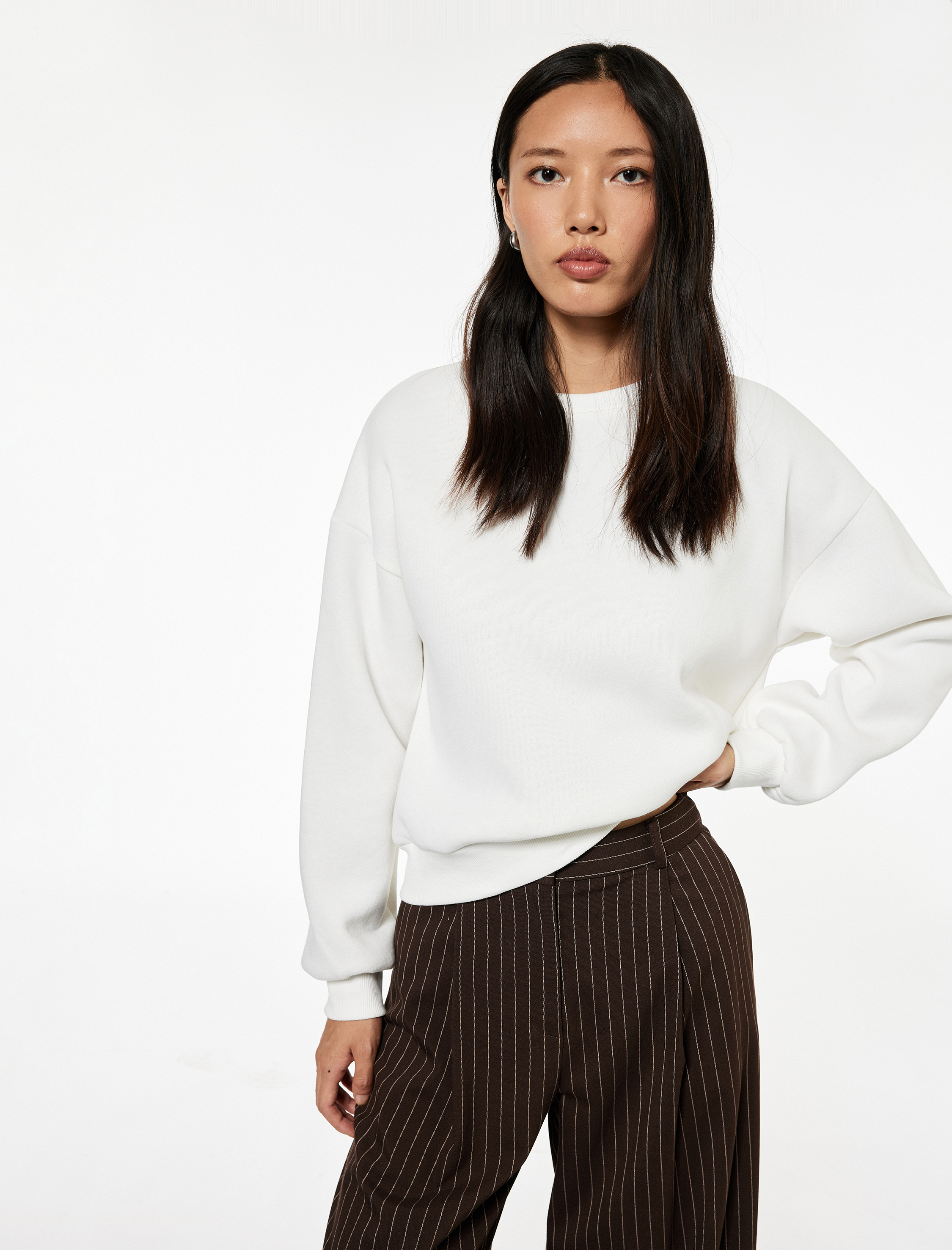   Üç İplik Şardonlu Uzun Kollu Bisiklet Yaka Basic Sweatshirt