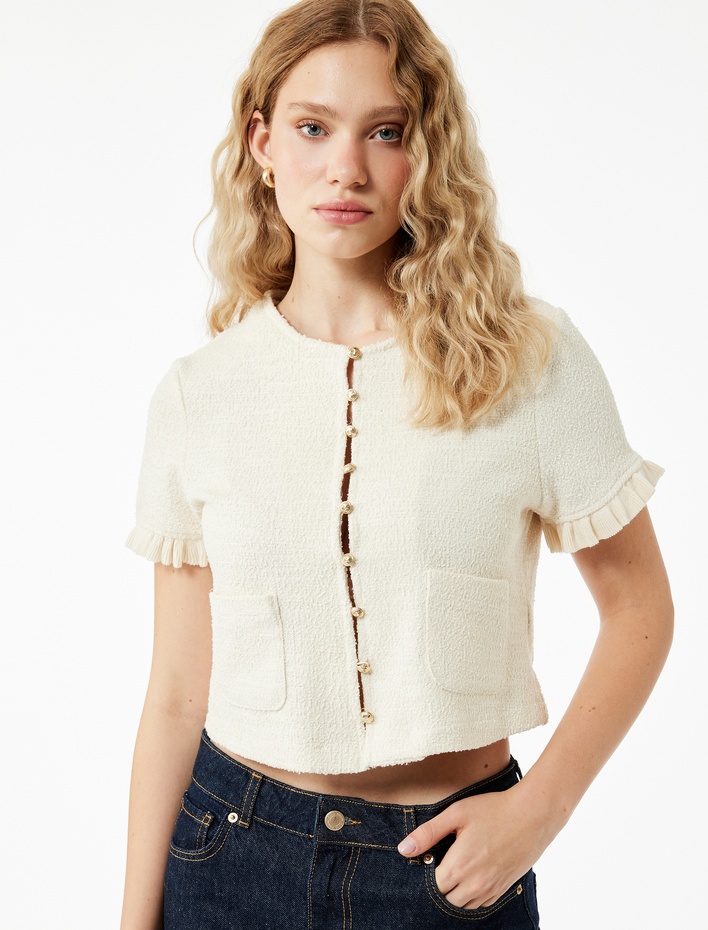  Cepli Fırfır Detaylı Kısa Kollu Bisiklet Yaka Triko Hırka