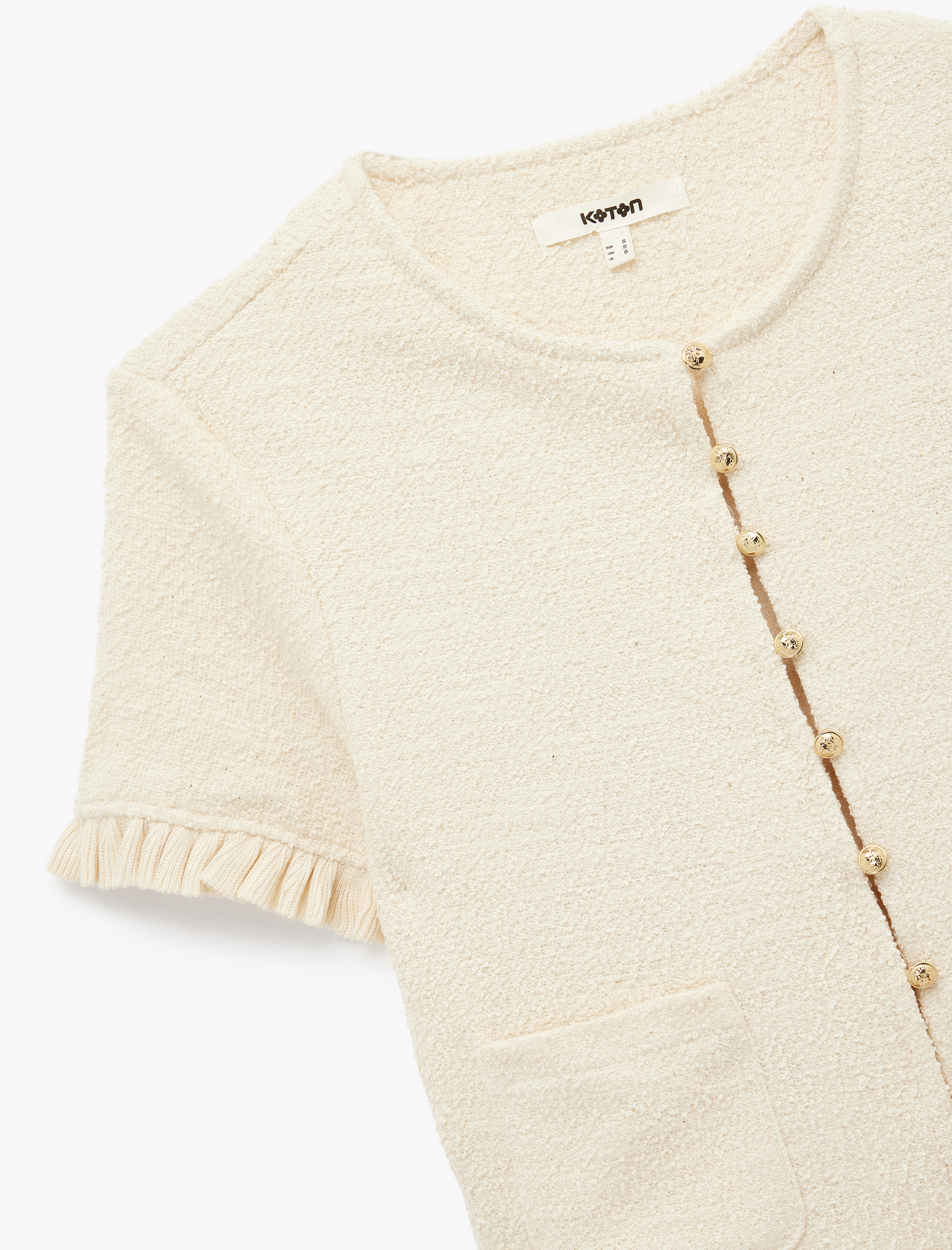   Cepli Fırfır Detaylı Kısa Kollu Bisiklet Yaka Triko Hırka