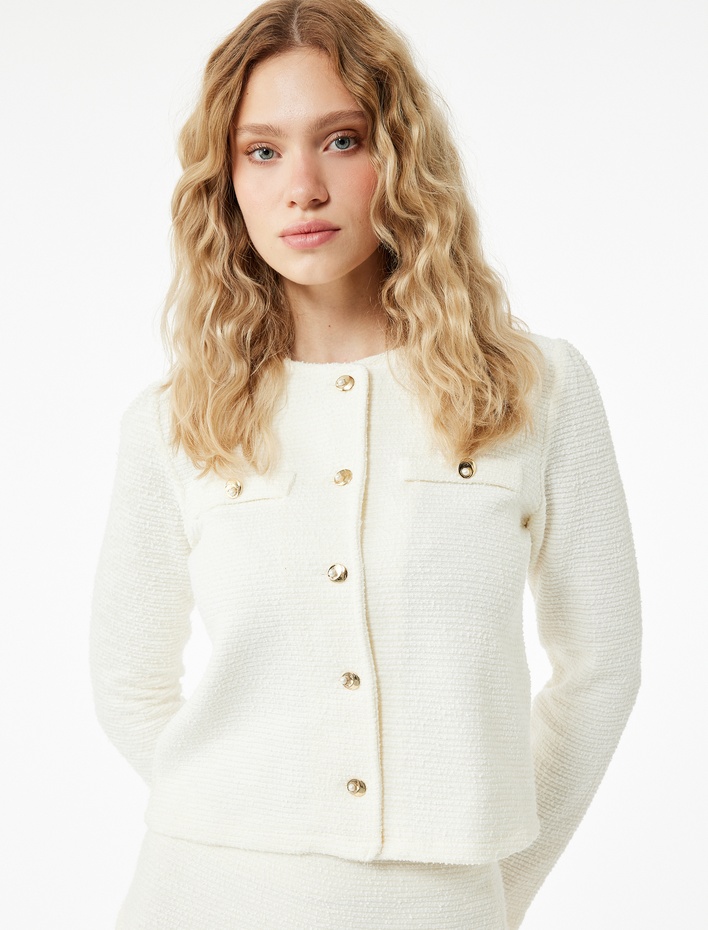  Slim Fit Uzun Kollu Aplike Detaylı Dokulu Bisiklet Yaka Hırka