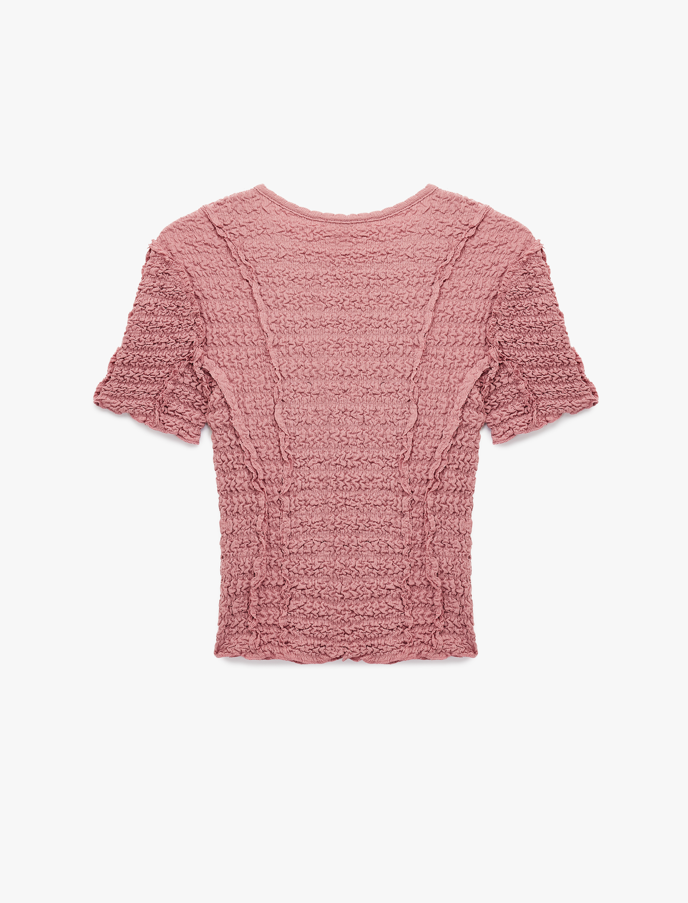   Slim Fit Kısa Kollu Bisiklet Yaka Dokulu Fırfırlı Tişört