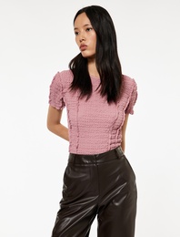 Slim Fit Kısa Kollu Bisiklet Yaka Dokulu Fırfırlı Tişört