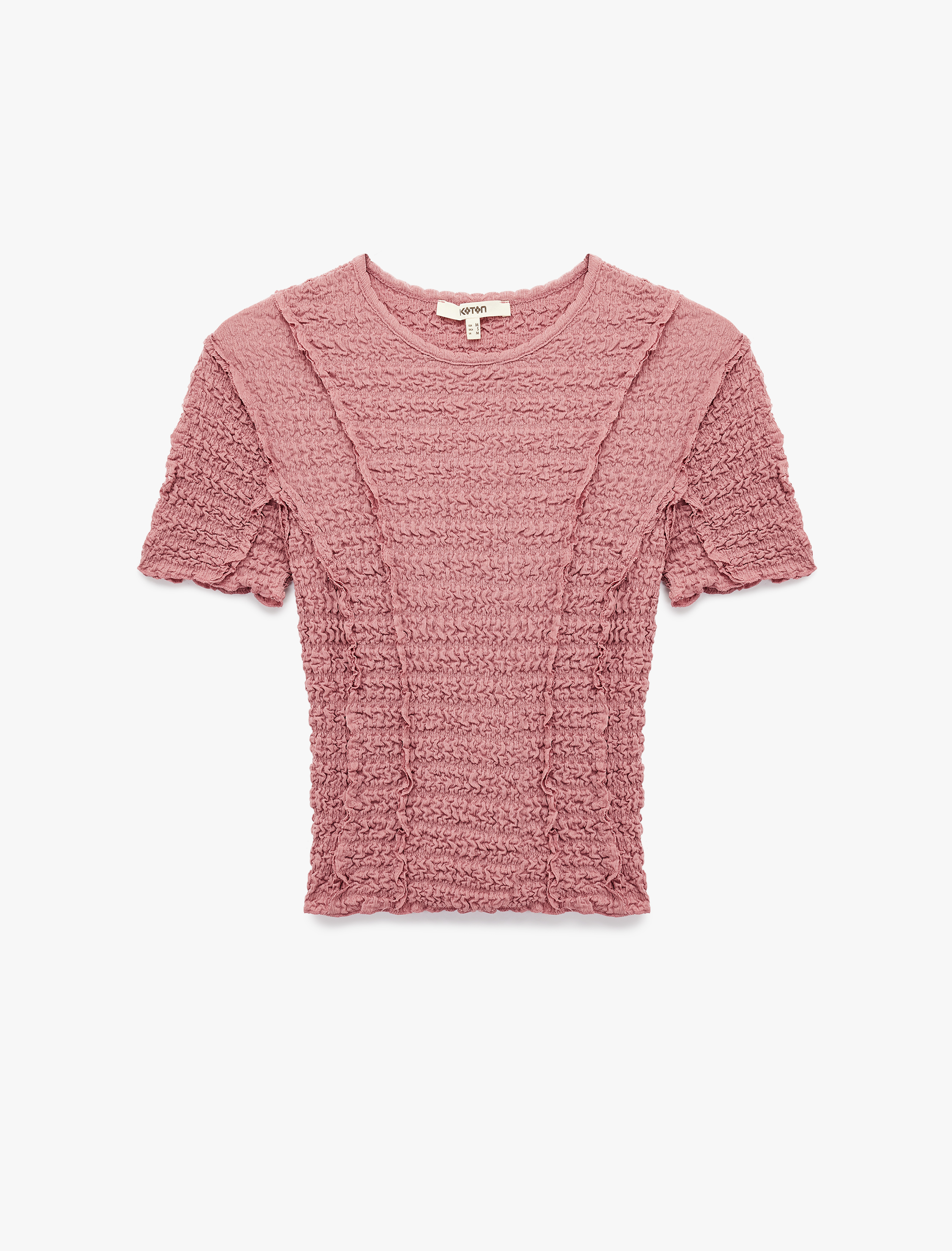   Slim Fit Kısa Kollu Bisiklet Yaka Dokulu Fırfırlı Tişört