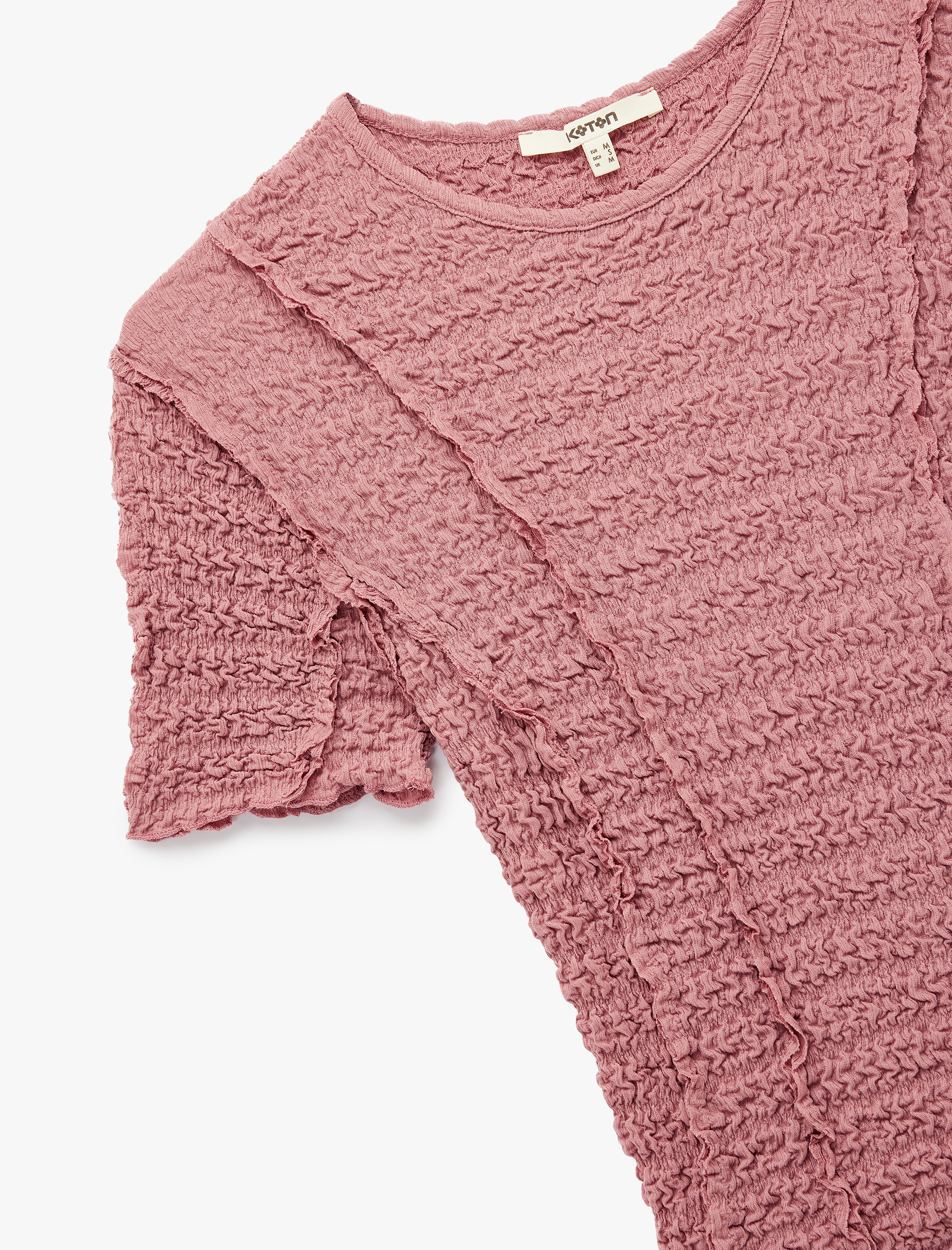   Slim Fit Kısa Kollu Bisiklet Yaka Dokulu Fırfırlı Tişört