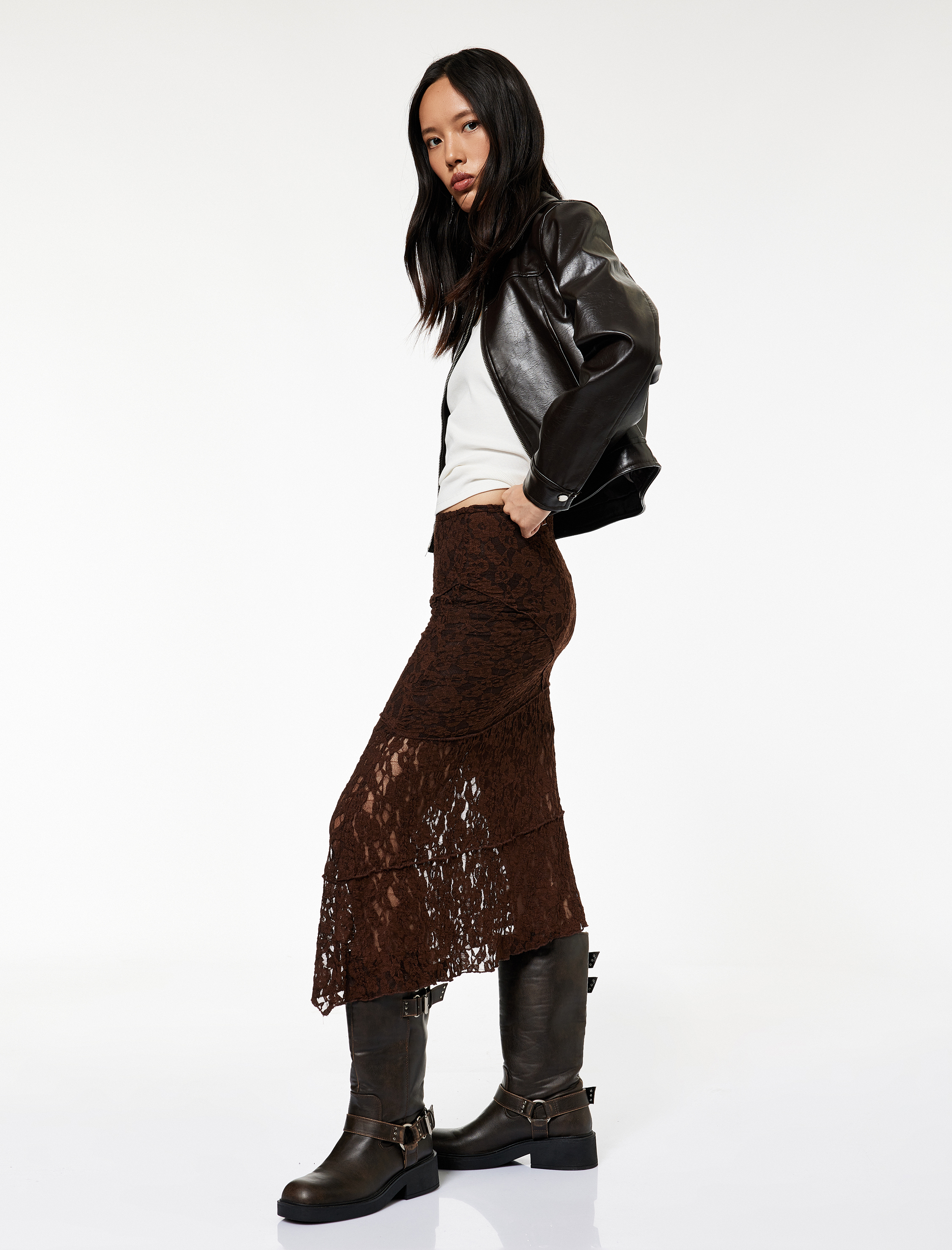 Asimetrik Kesim Midi Dantelli Etek