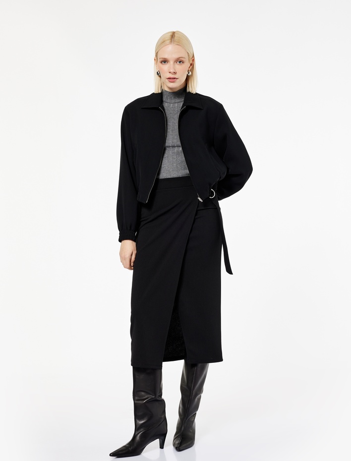  Uzun Kollu Klasik Yaka Fermuarlı Mevsimlik Ceket