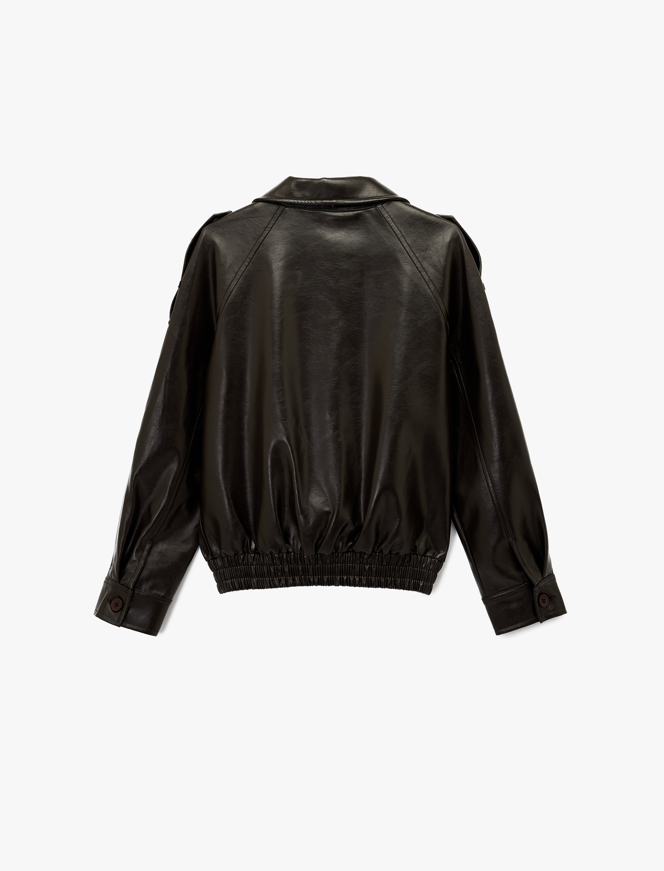   Uzun Kollu Cepli Fermuarlı Suni Deri Ceket