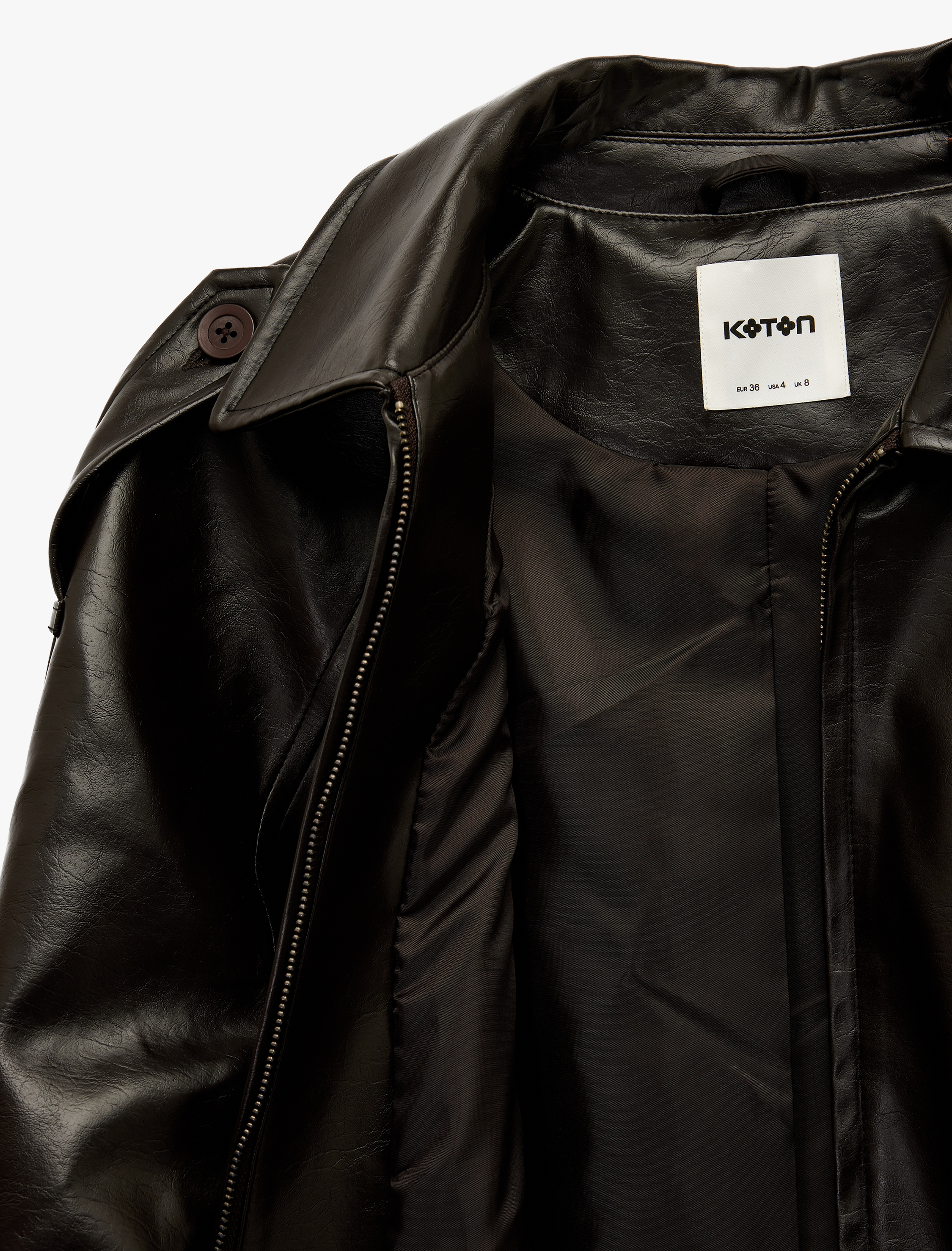   Uzun Kollu Cepli Fermuarlı Suni Deri Ceket