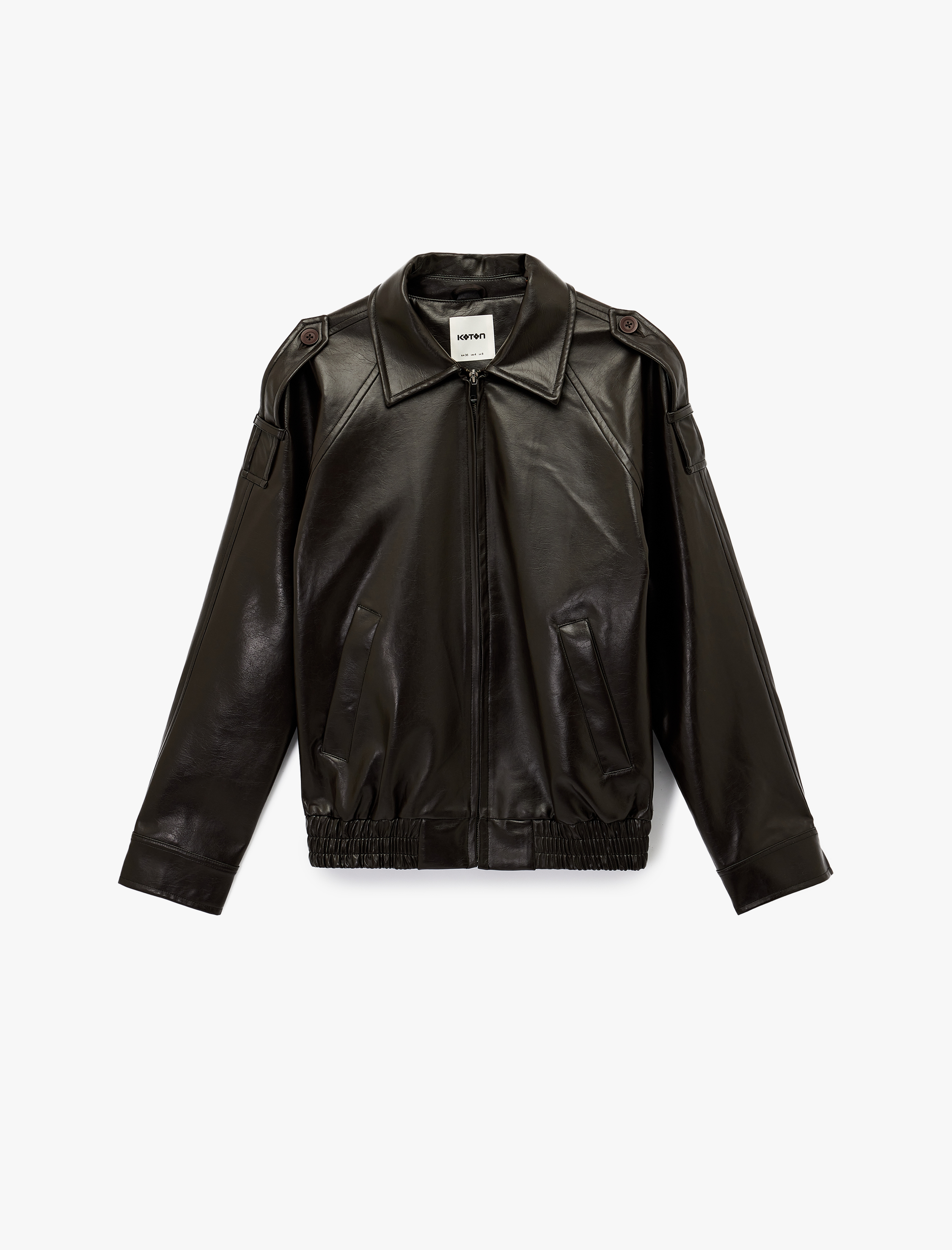   Uzun Kollu Cepli Fermuarlı Suni Deri Ceket