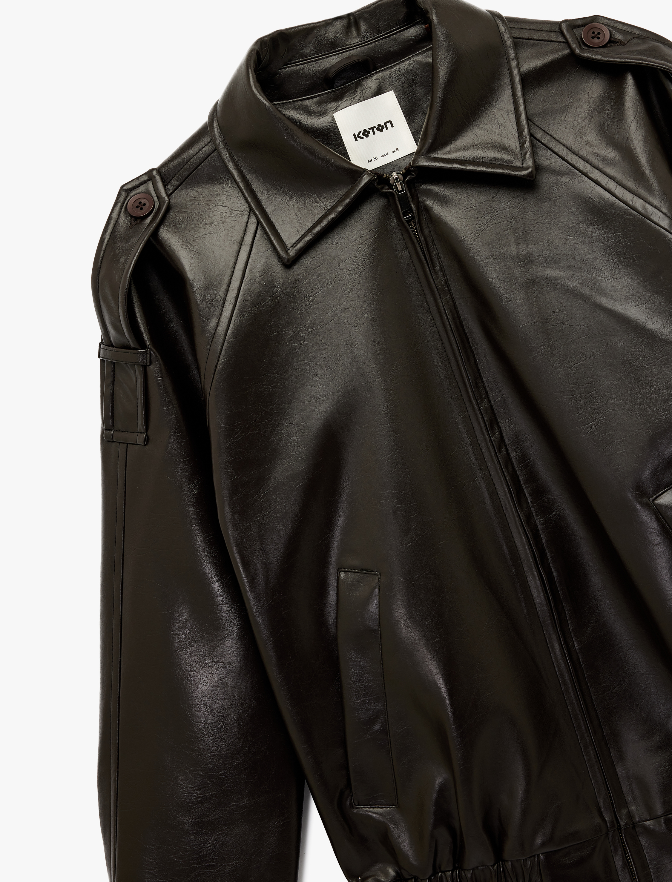   Uzun Kollu Cepli Fermuarlı Suni Deri Ceket