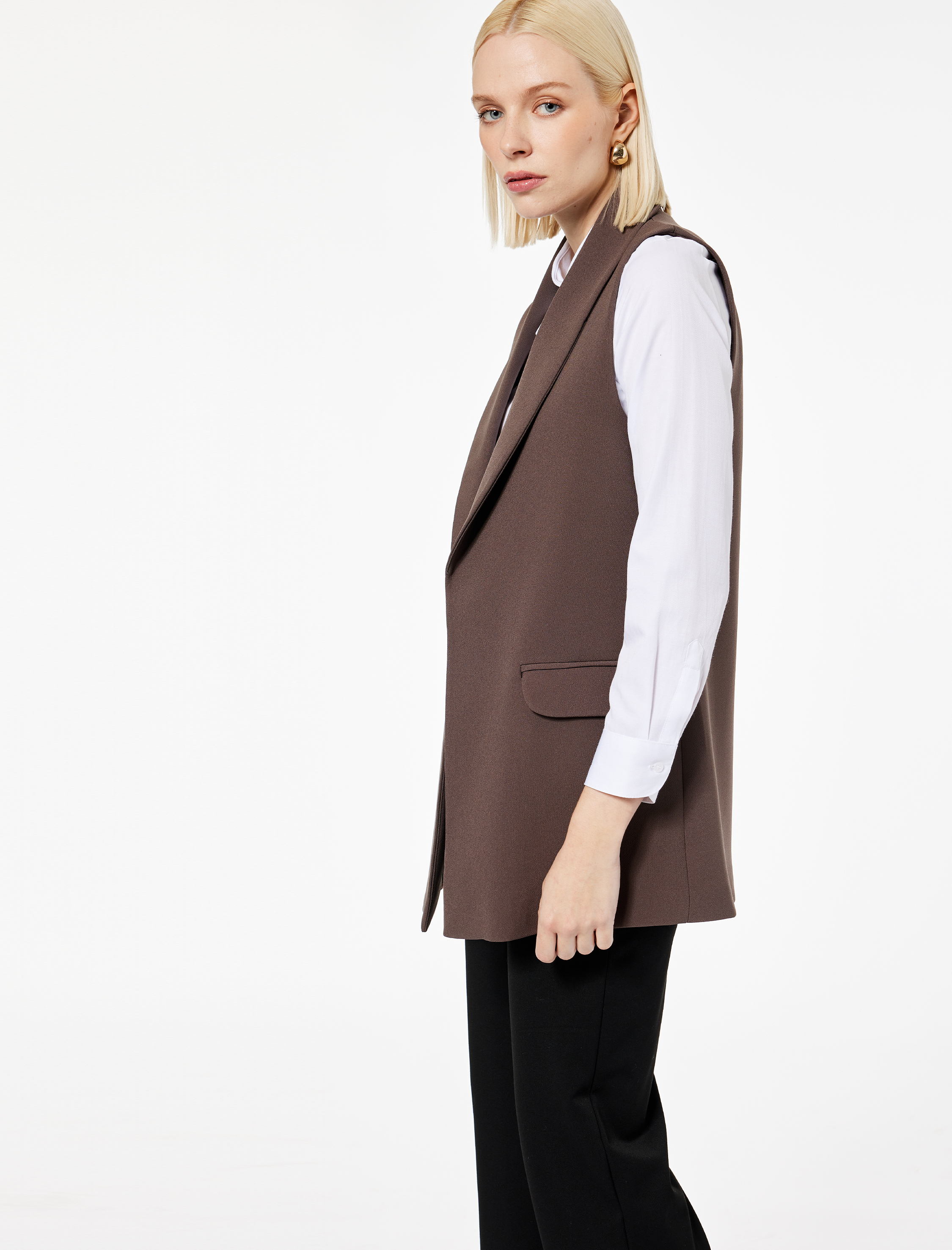   Cep Detaylı Kruvaze Kolsuz Uzun Blazer Yelek