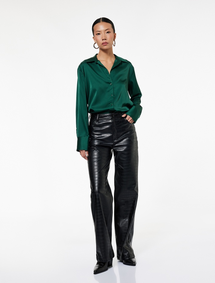  Regular Fit Uzun Kollu Düğmeli Saten Gömlek