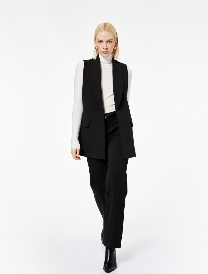  Cep Detaylı Kruvaze Kolsuz Uzun Blazer Yelek