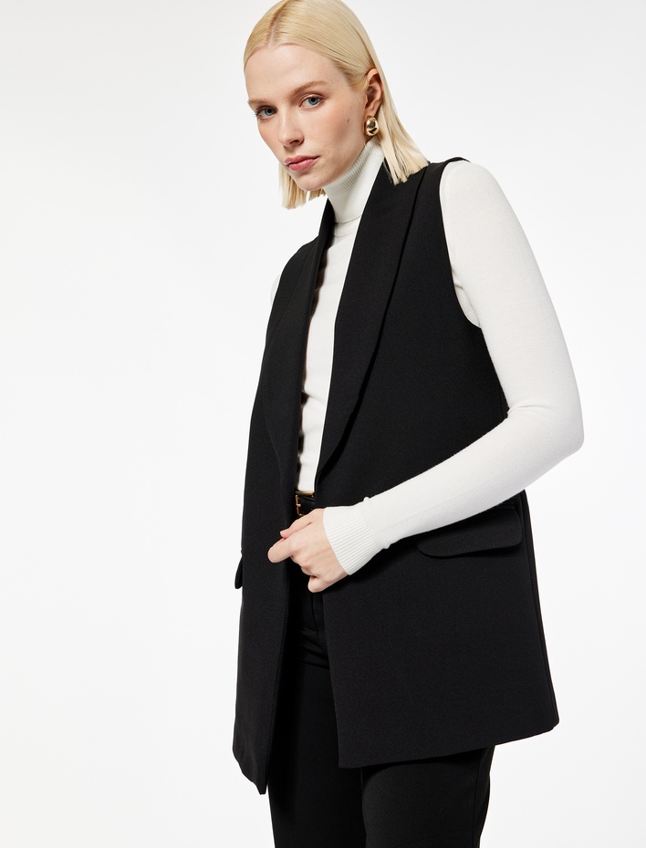  Cep Detaylı Kruvaze Kolsuz Uzun Blazer Yelek